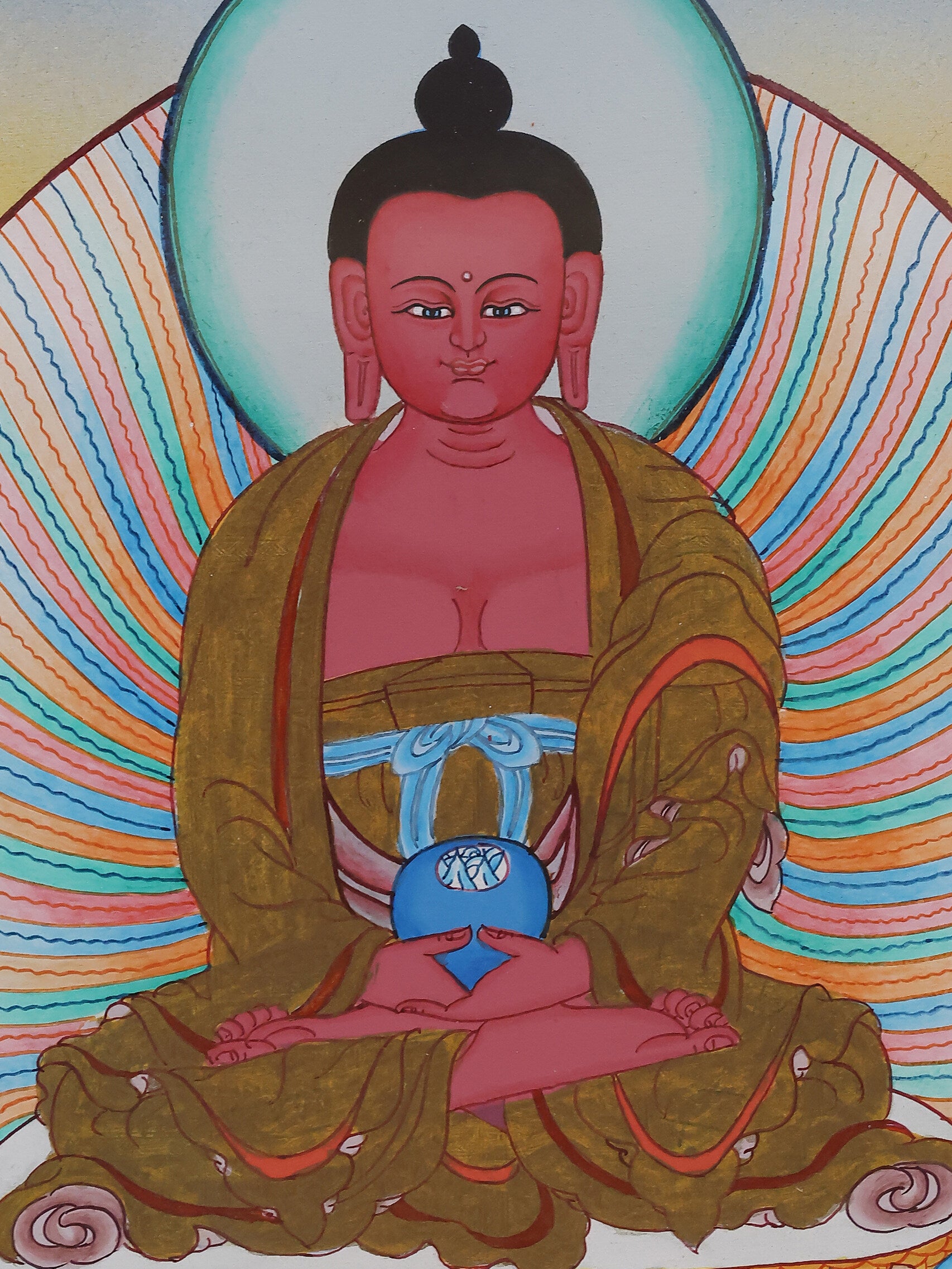 Hand-painted Amitabha Buddha Thangka from Tibet, featuring vibrant sacred artwork.