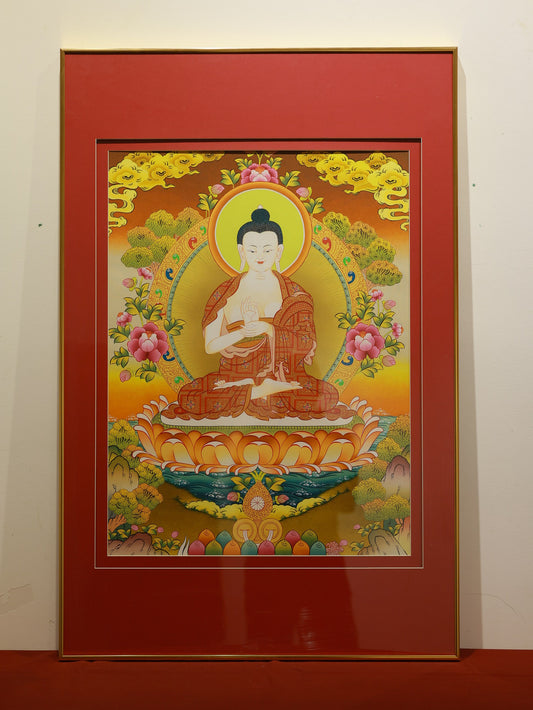 Traditional Tibetan Four-Faced Mahavairocana thangka with mineral pigments and gold detailing.