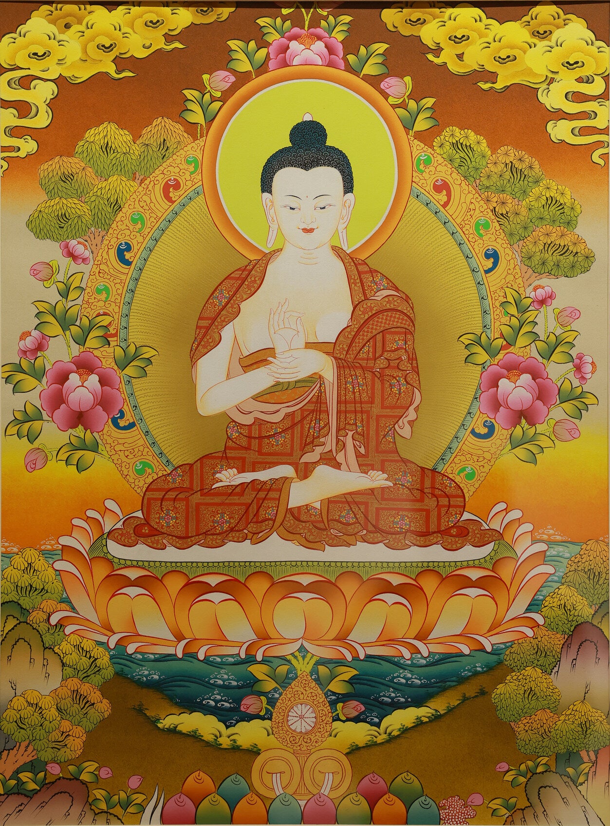Hand-painted colorful thangka of Four-Faced Vairocana Buddha, depicting the central deity of Tibetan Vajrayana Buddhism.