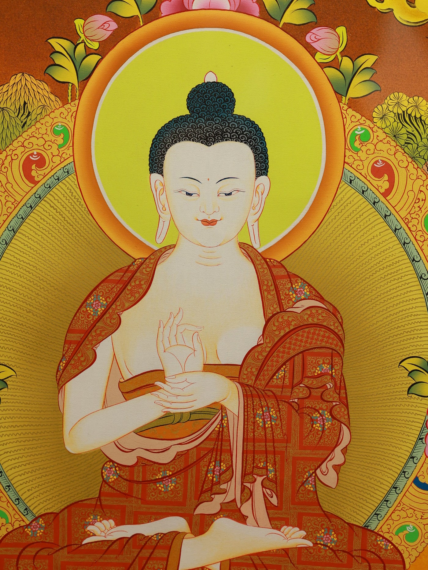 Tibetan Buddhist hand-painted thangka of Four-Faced Vairocana seated on an eight-petaled lotus throne.
