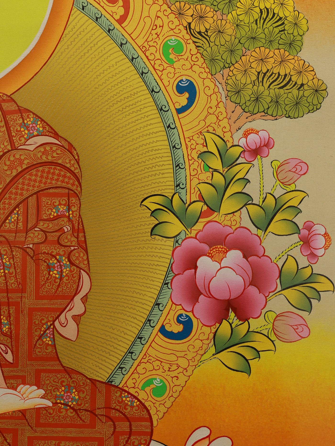 Hand-painted Four-Faced Mahavairocana thangka with mineral pigments, gold embellishments, and sacred symbolism.