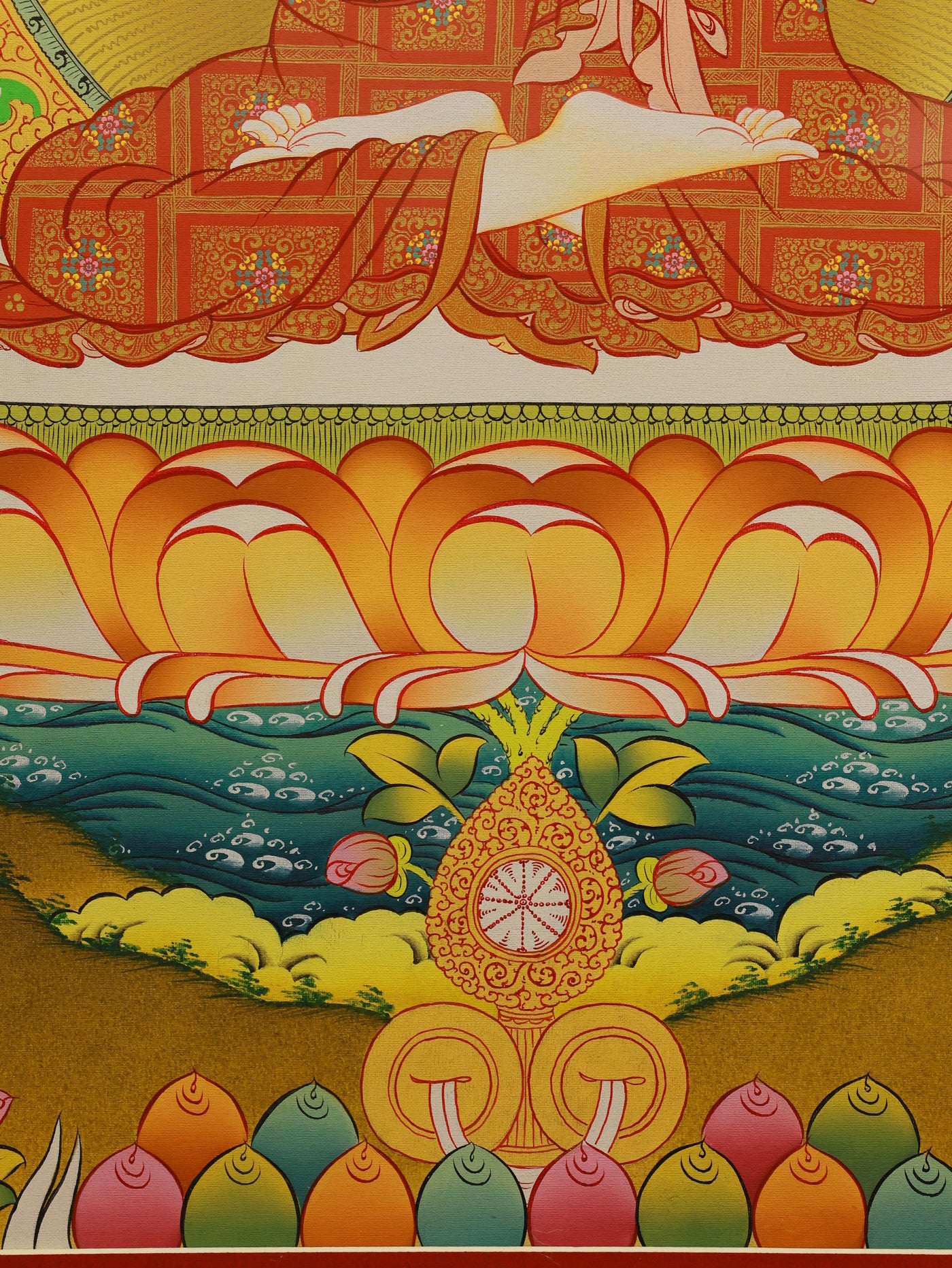 Handcrafted Tibetan thangka of the Four-Faced Vairocana Buddha, symbolizing Dharmadhātu wisdom.