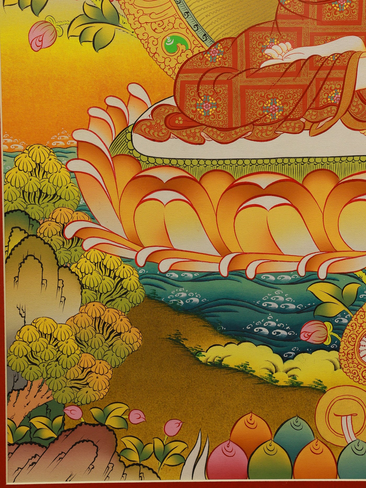 Vibrant Regong-style thangka portraying Four-Faced Mahavairocana with lotus and auspicious clouds.