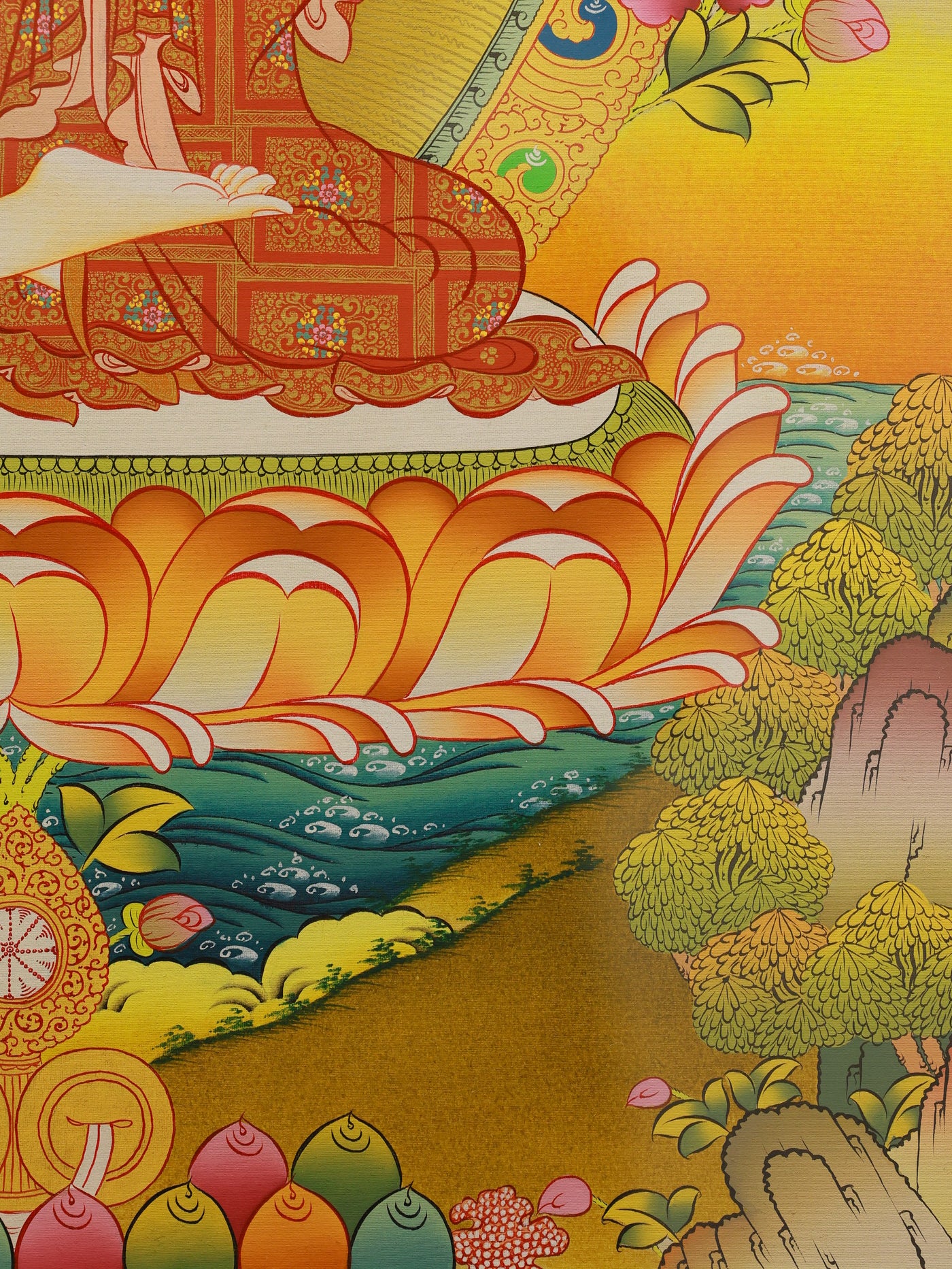 Four-Faced Mahavairocana Buddha thangka with golden crown, decorative mandala background, and detailed craftsmanship.