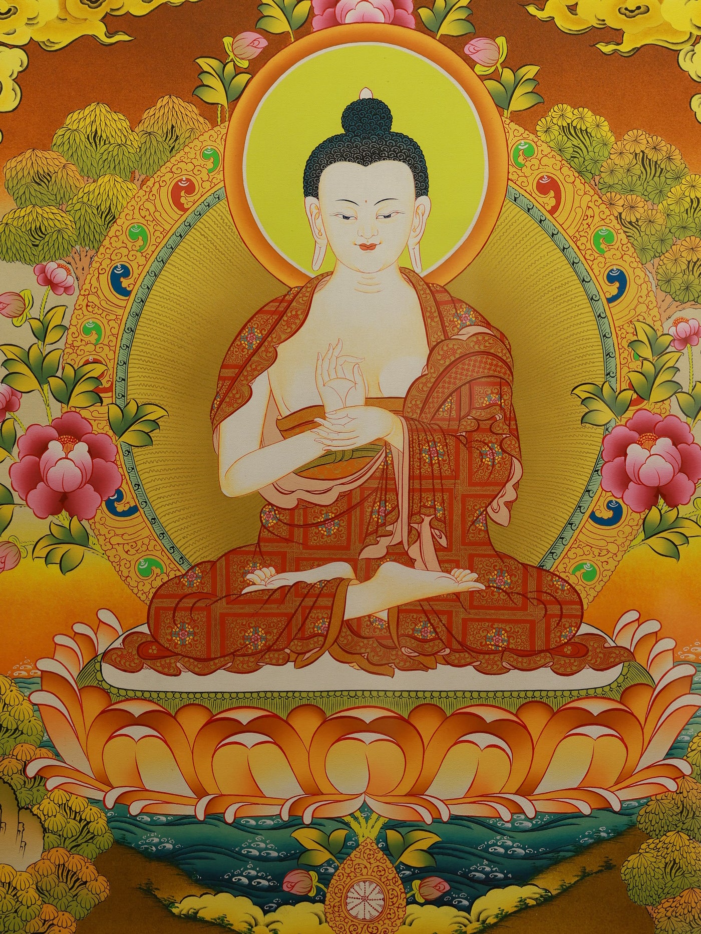 Four-Faced Mahavairocana Buddha thangka in vibrant colors, representing the Five Wisdoms of Vajrayana.