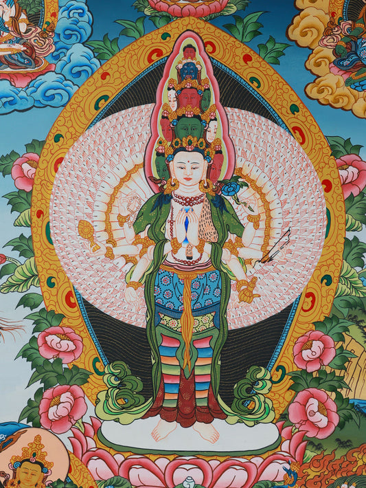 Colorful Tibetan Thangka depicting Thousand-Armed Avalokiteshvara in a frontal sacred composition