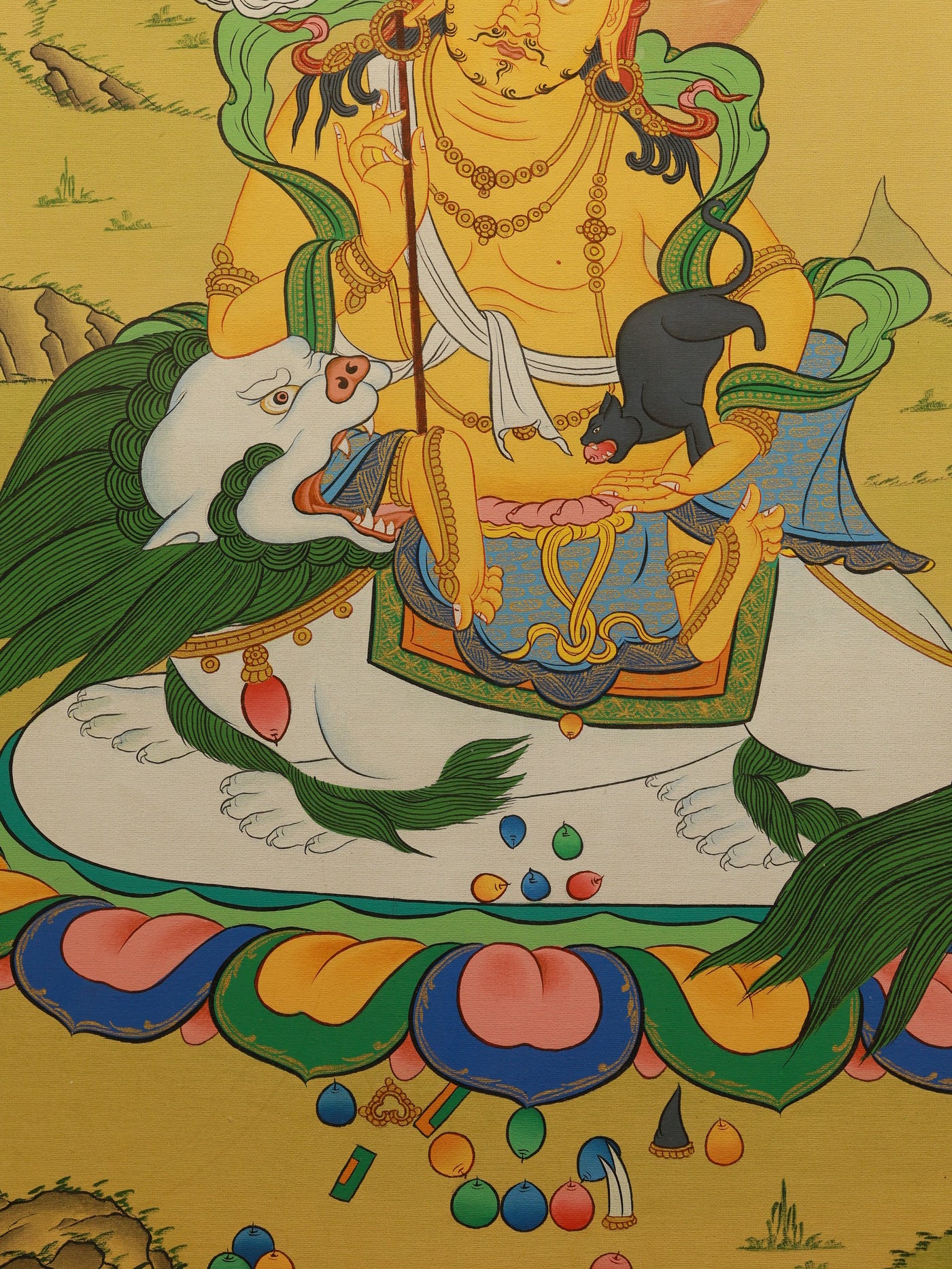 Celestial Treasure Guardian depicted in a colorful Tibetan Thangka, illustrating spiritual wealth and protection.