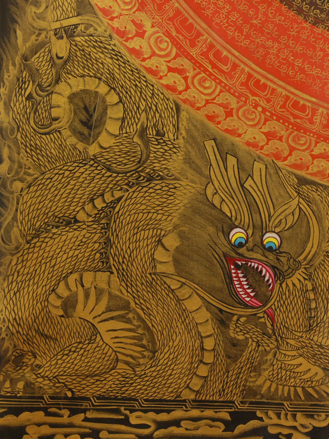 Alt text: “Dragon Tantra Mandala Thangka from Tibetan Buddhism, depicting intricate tantric designs and mystical dragons.”