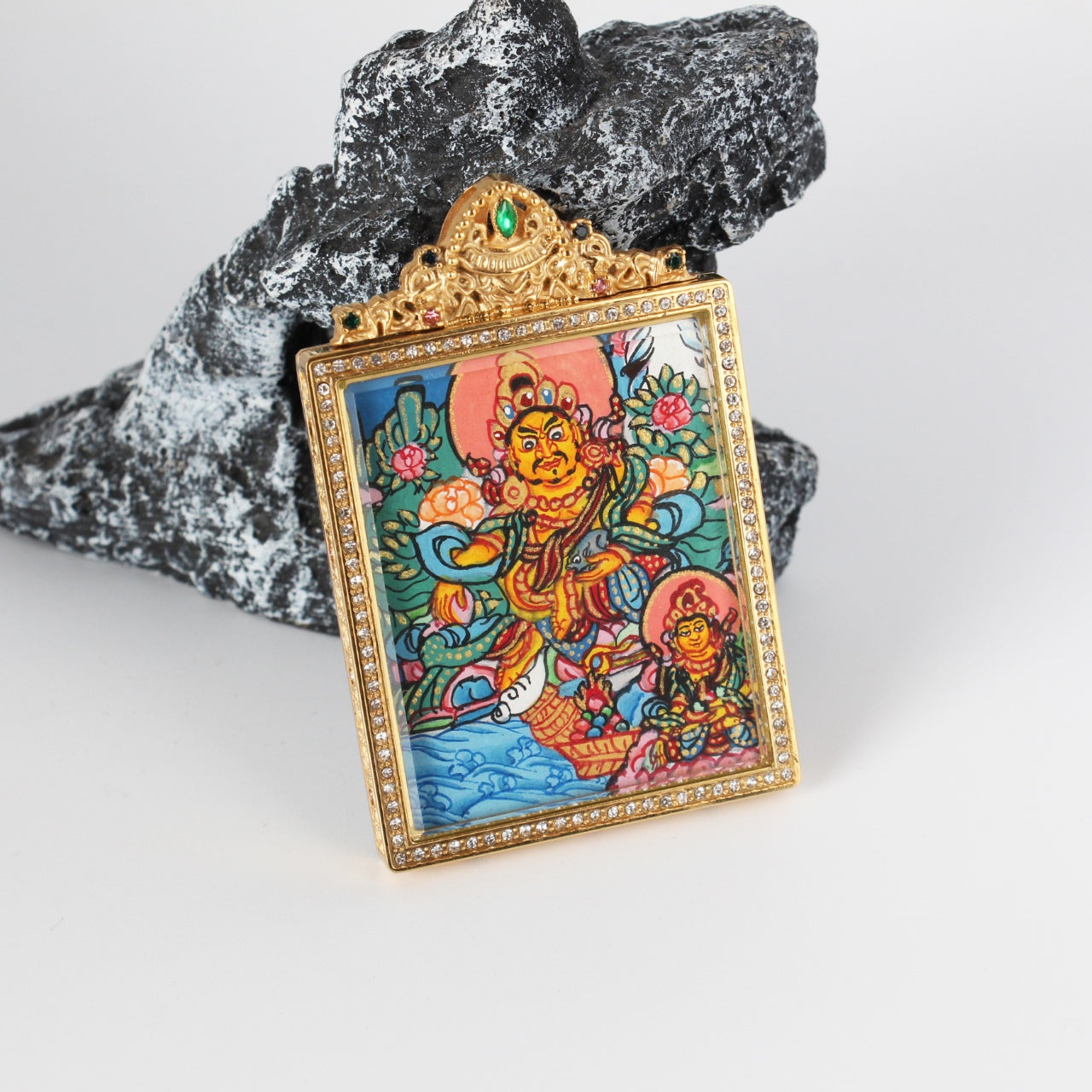  Close-up detail of the Nepal Dual Jambhala and Vasudhara Thangka painting showing intricate natural mineral pigment work, showcasing the masterful artistry of Nepali lineage painters.
