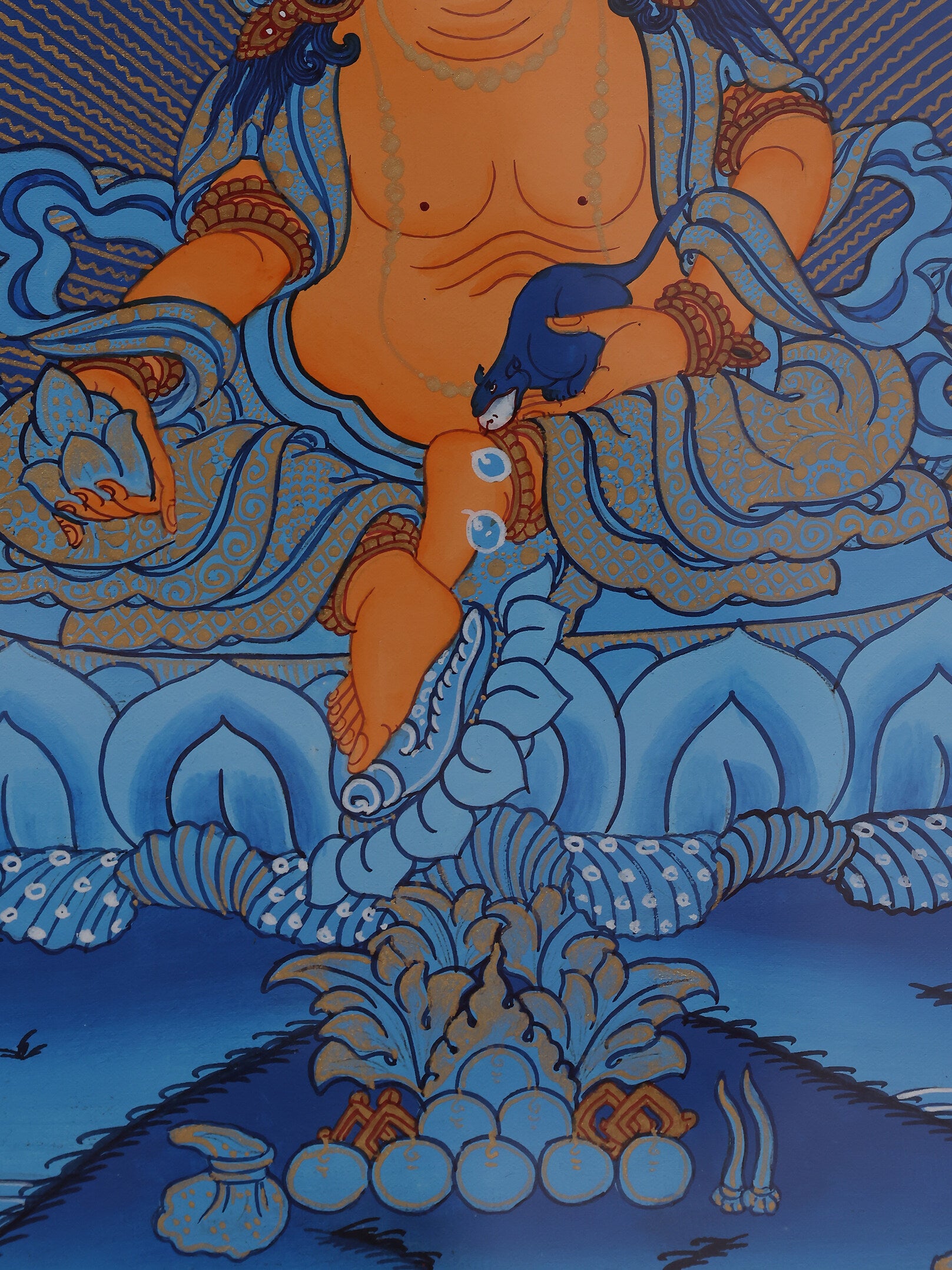 Hand-painted Dzambhala thangka showing the Tibetan Buddhist god of wealth holding a mongoose, representing generosity and material blessings