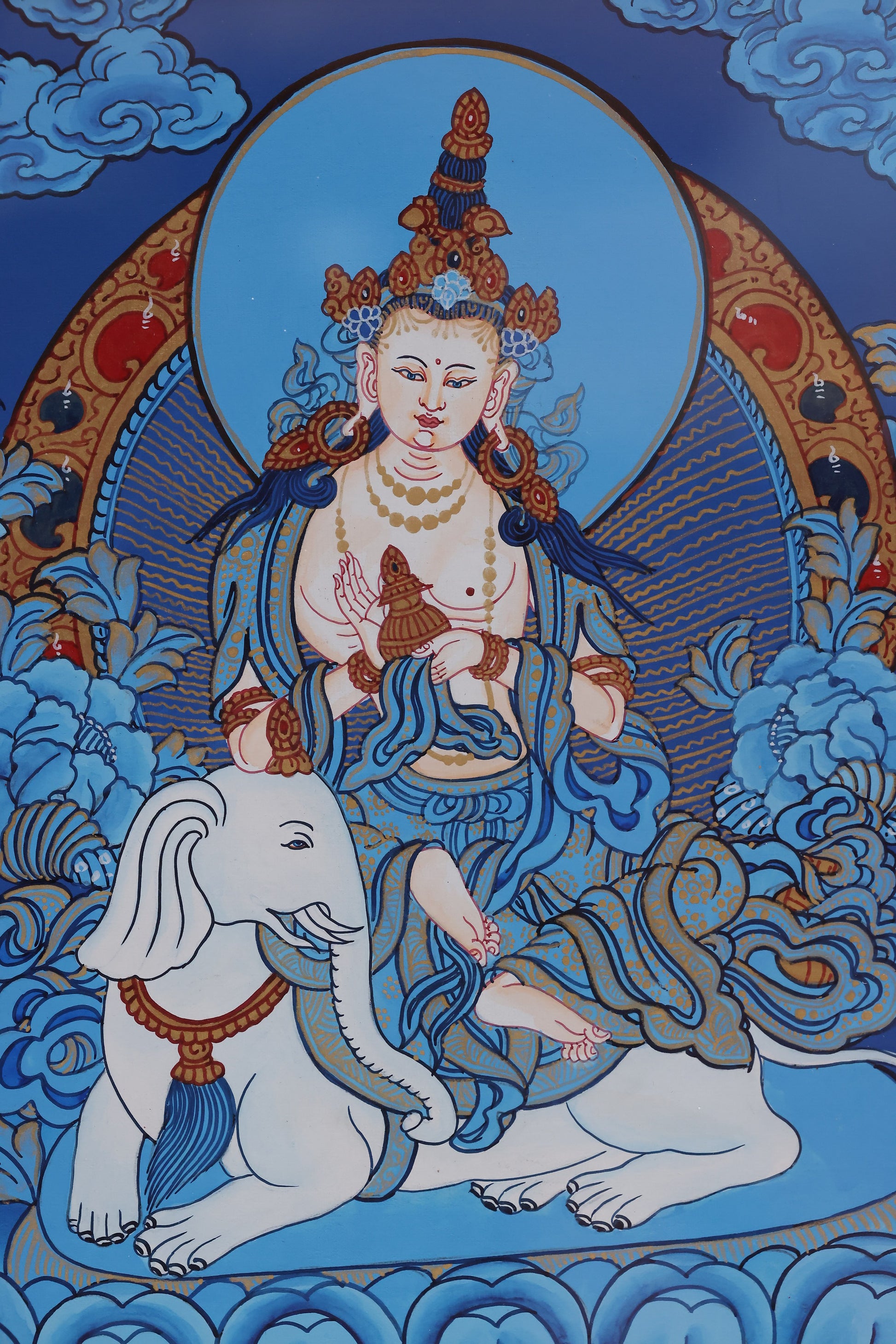 Blue Thangka of Samantabhadra, the primordial Buddha in Tibetan Buddhist art, representing wisdom and compassion.