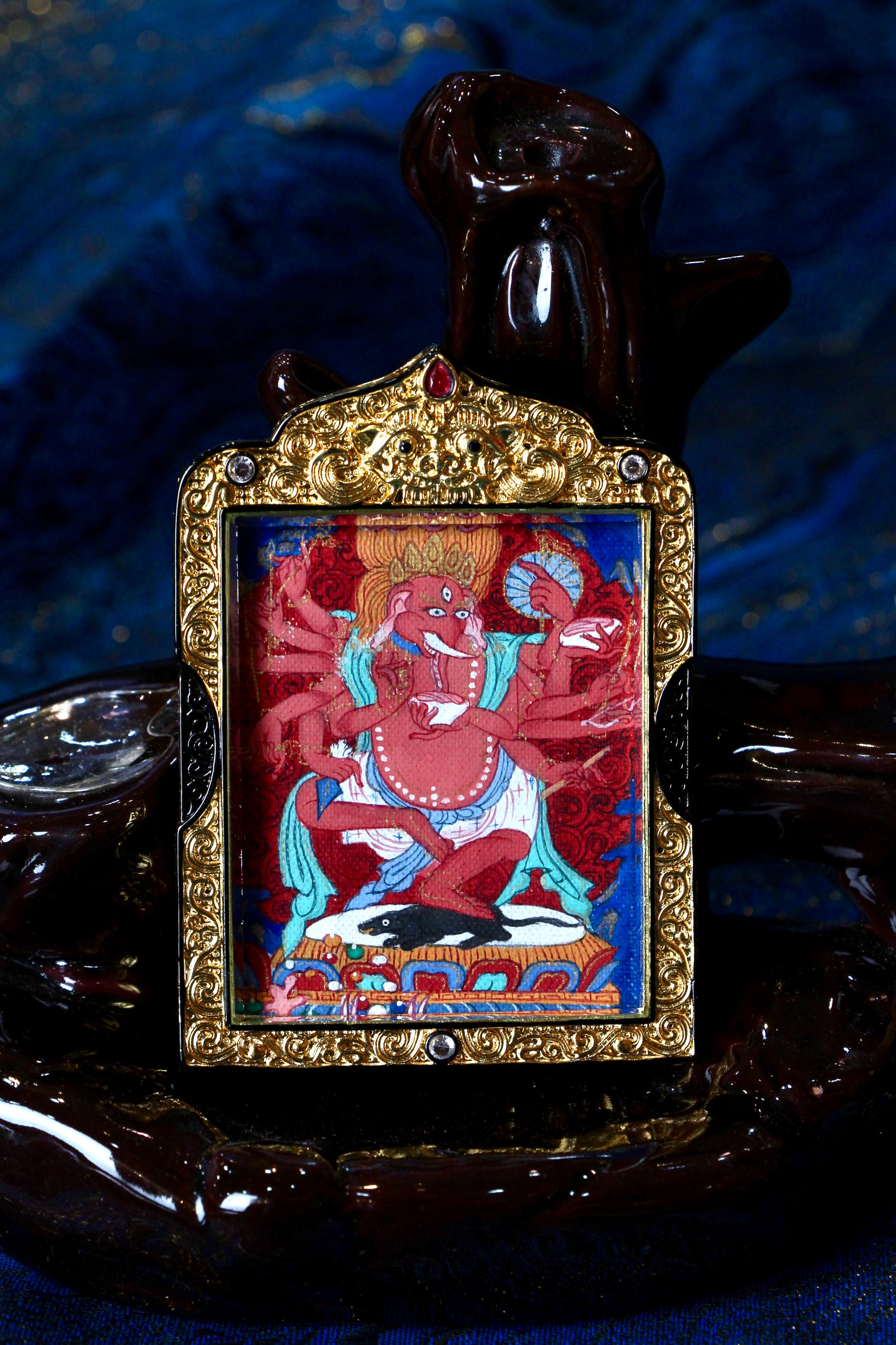 Tibetan Elephant Nose God of Wealth (Tsondu) Thangka, 4x5cm, with a copper shell and natural mineral paints, depicting Tibetan Buddhist deity.