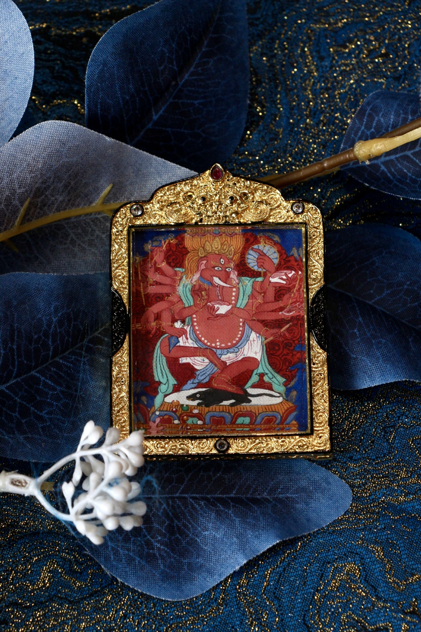 4x5cm Tibetan Thangka of Elephant Nose God of Wealth (Tsondu), crafted with natural mineral paint and copper outer shell, highlighting Tibetan Buddhist traditions.