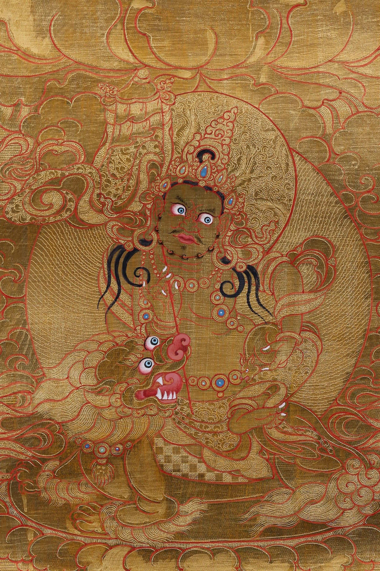 Golden thangka eleven faced thousand eyed Avalokiteshvara, authentic Tibetan Buddhist handcrafted sacred collectible