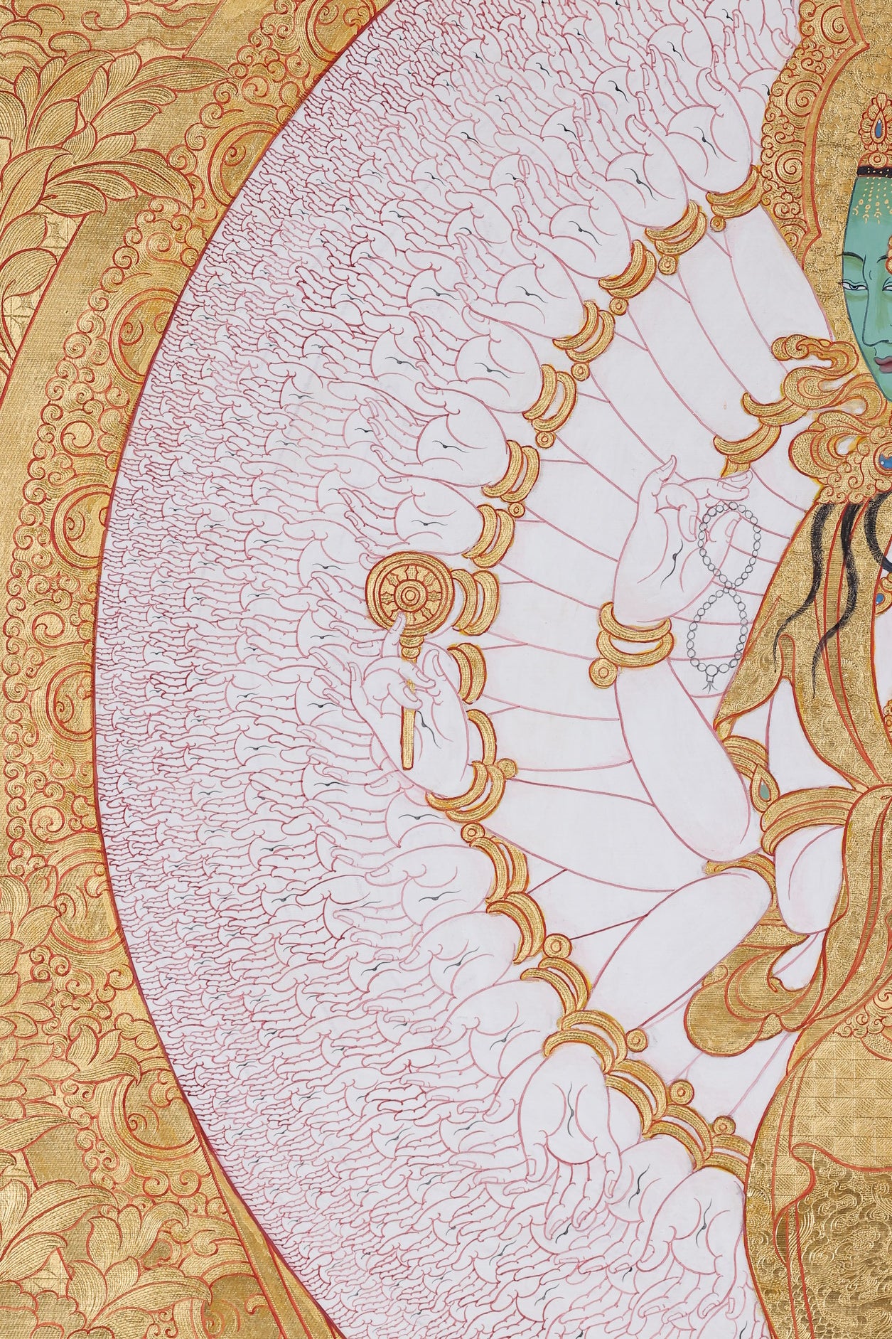 Eleven faced thousand eyed Avalokiteshvara shrine thangka, Tibetan Buddhist compassion art for wish fulfillment