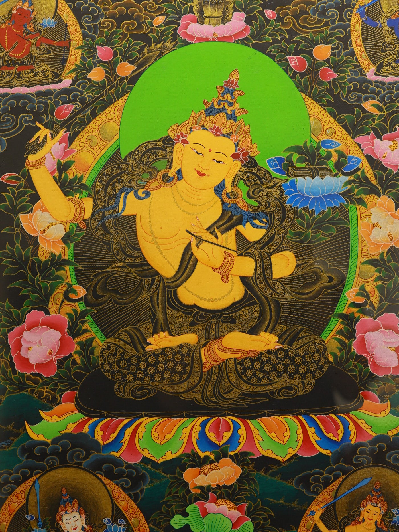 Esoteric Five Direction Manjushri thangka painted in black gold style from Tibetan Buddhist tantric tradition