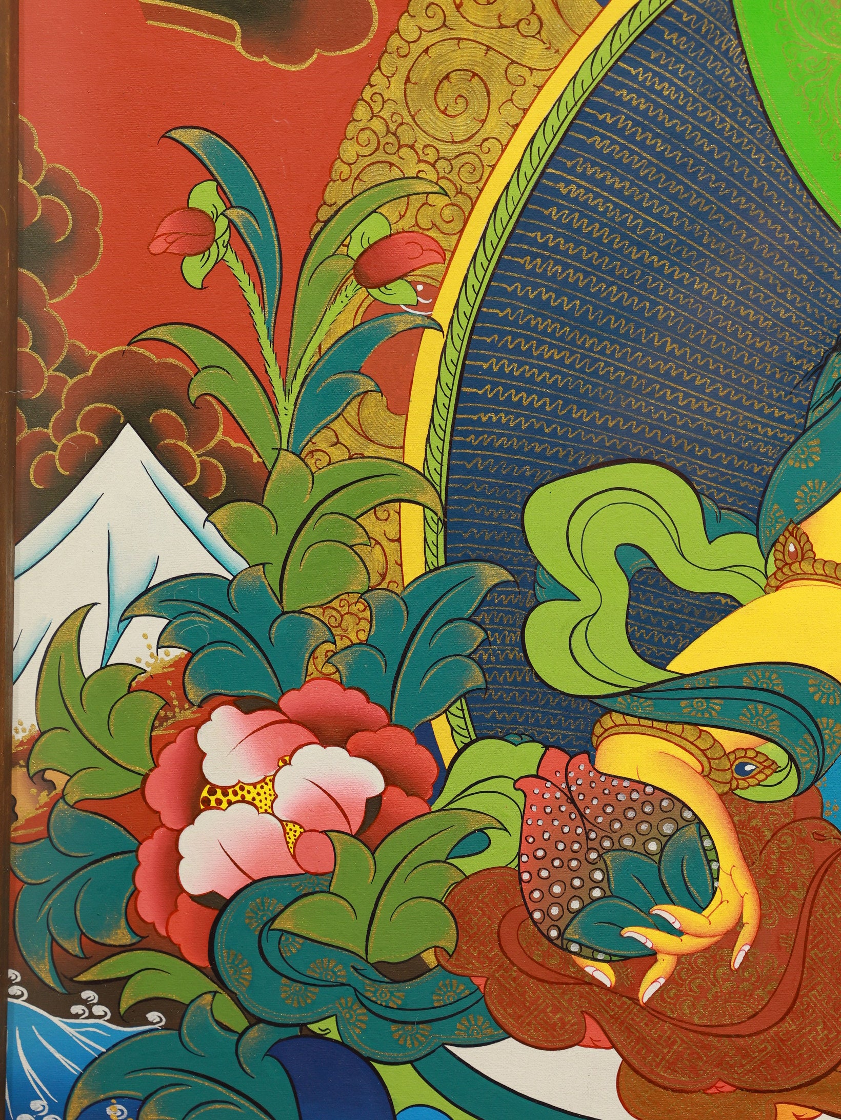 Five Wealth Gods mandala thangka with Yellow Jambhala at the center, representing spiritual and material prosperity in Tibetan Buddhism.