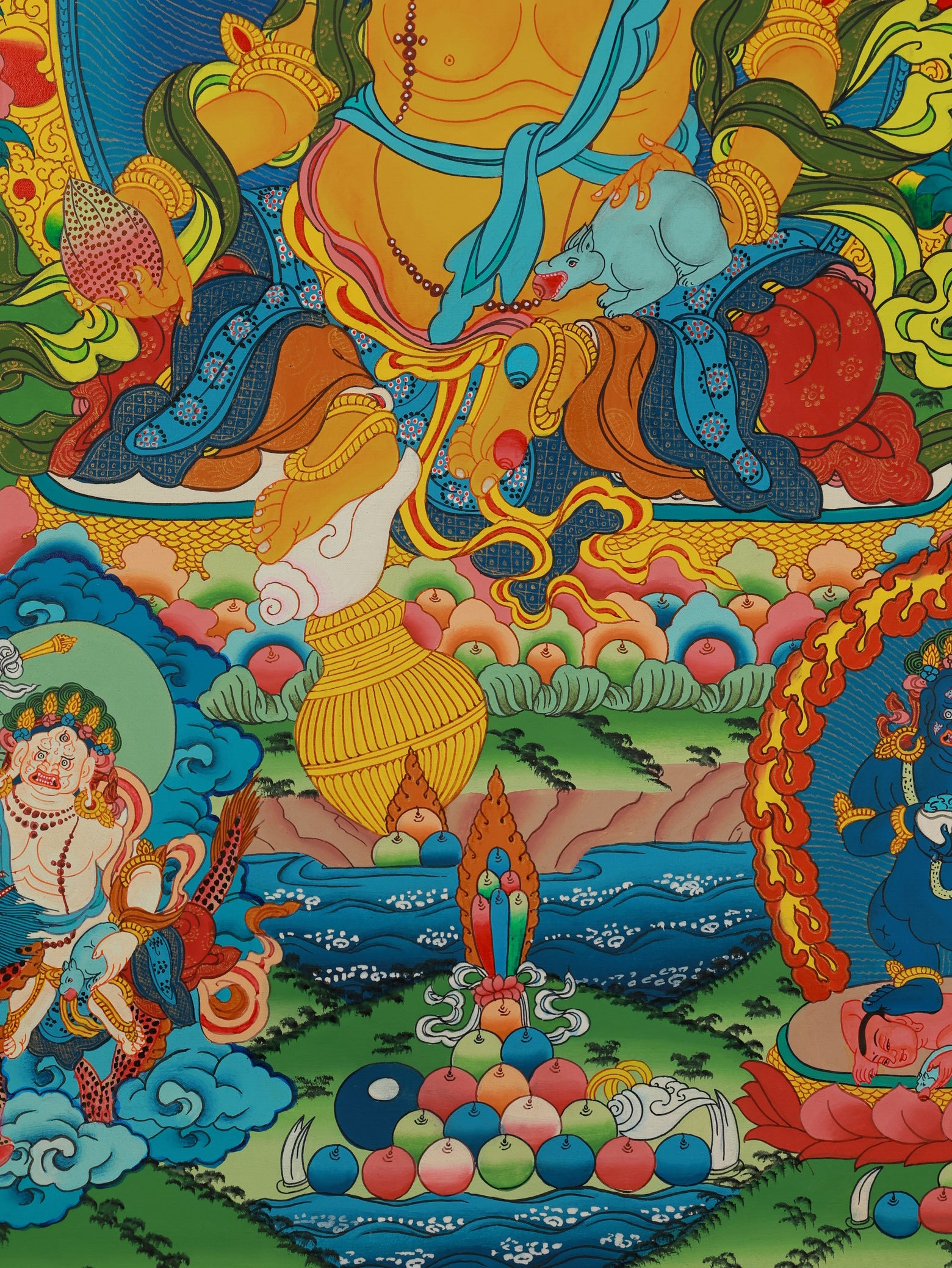 Vajrayana tantric thangka featuring the Five Wealth Deities as protectors of material and spiritual prosperity