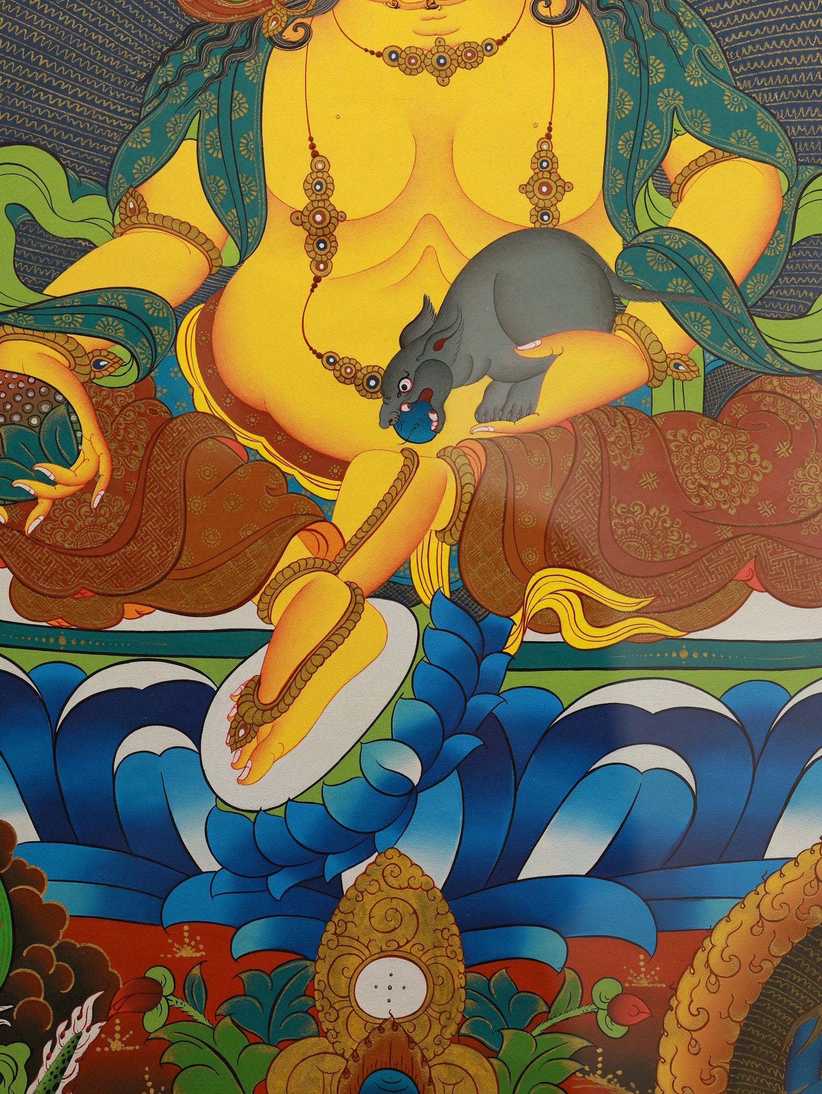 Traditional Tibetan thangka painting of Yellow Jambhala and the Five Wealth Deities, symbolizing fortune, generosity, and protection.