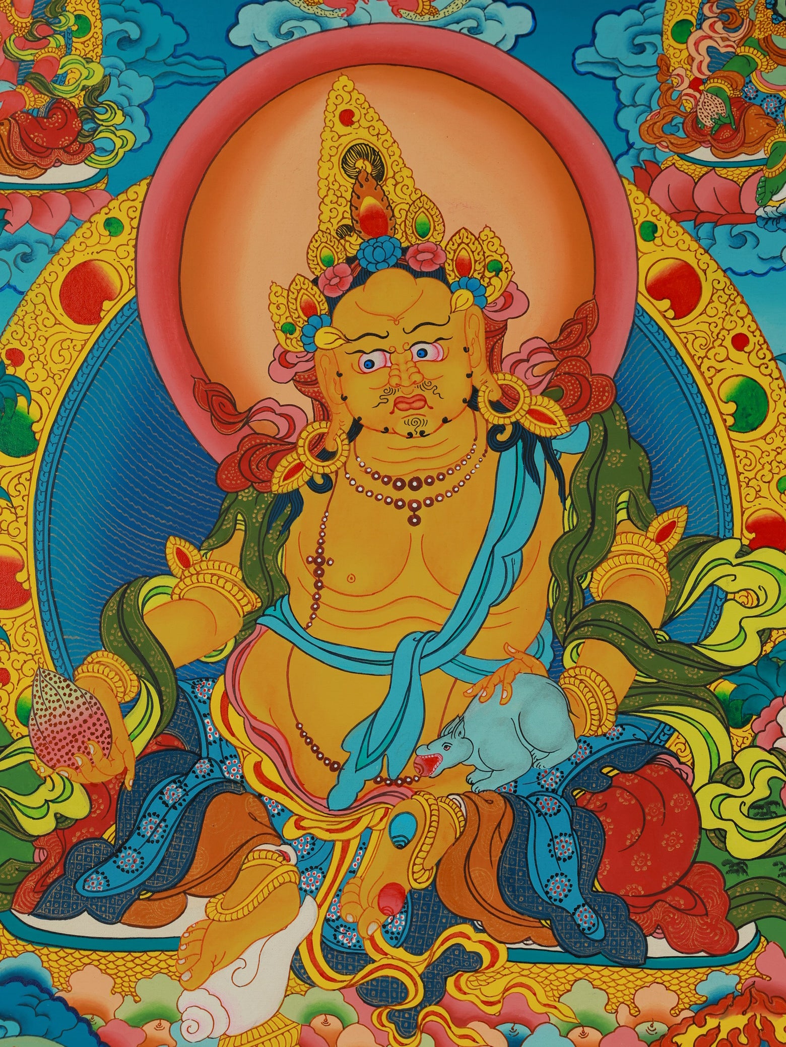 Hand-painted Tibetan Buddhist thangka illustrating the Five Lineage Wealth Deities in traditional iconography