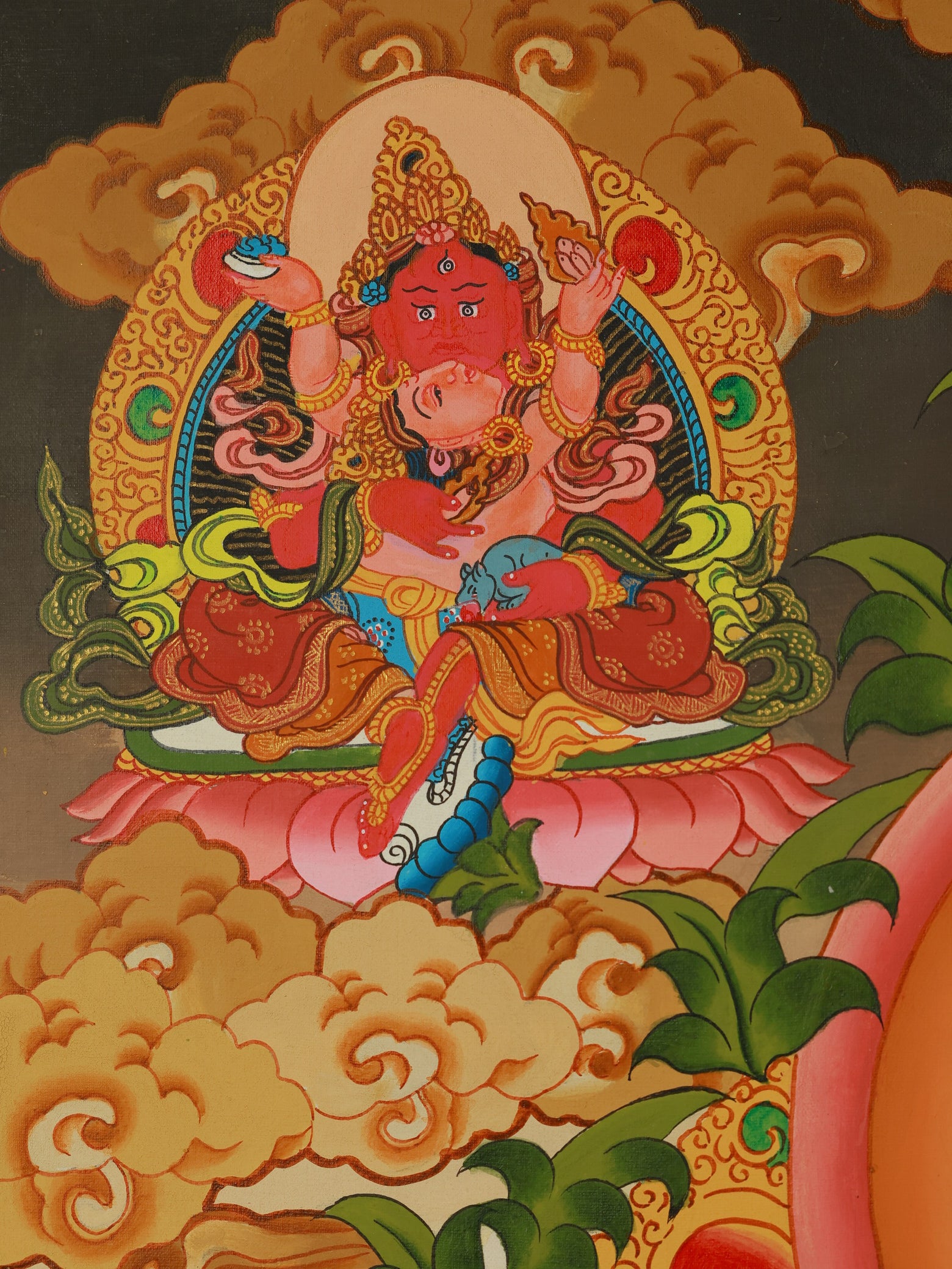Tibetan Buddhist Thangka depicting Yellow Jambhala as the main wealth deity surrounded by the Five Wealth Gods