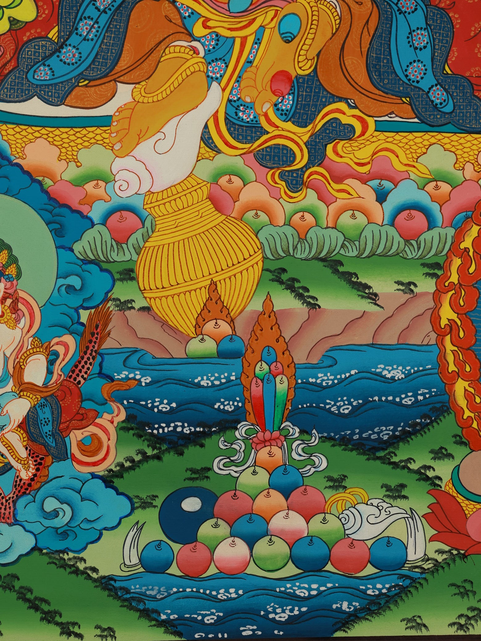 Sacred Tibetan Buddhist art thangka portraying the Five Wealth Deities in traditional prosperity symbolism
