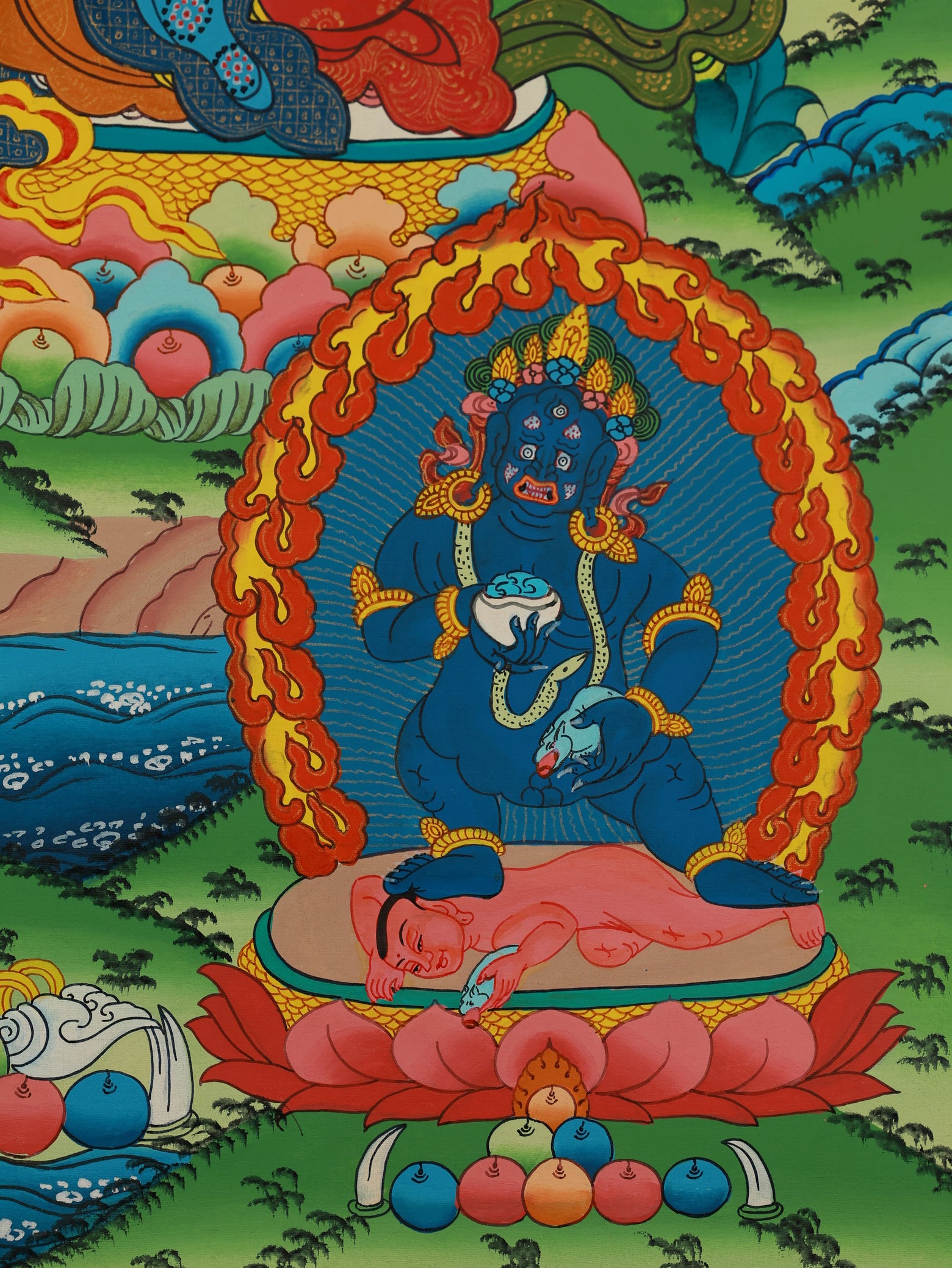 Tibetan Buddhist thangka of the Five Direction Wealth Gods arranged according to tantric cosmology