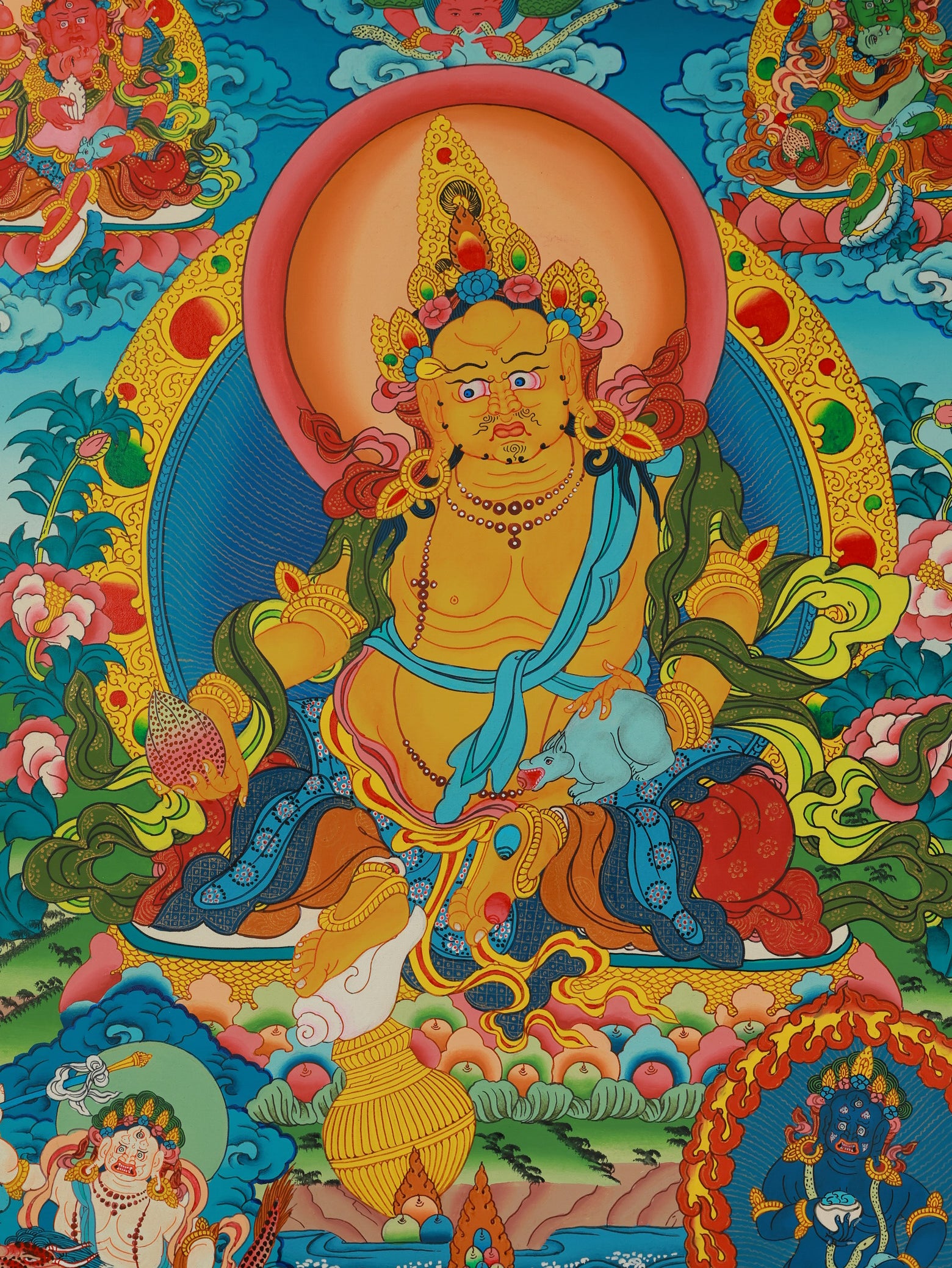Tibetan Buddhist Five Wealth Deities combined thangka depicting the five lineage wealth gods in Vajrayana Buddhism