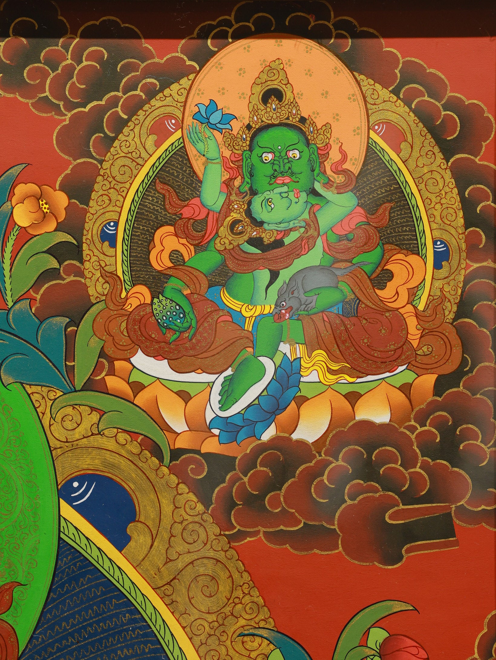 Hand-painted Tibetan wealth thangka illustrating Yellow Jambhala with the Five Wealth Gods in vibrant mineral pigments.
