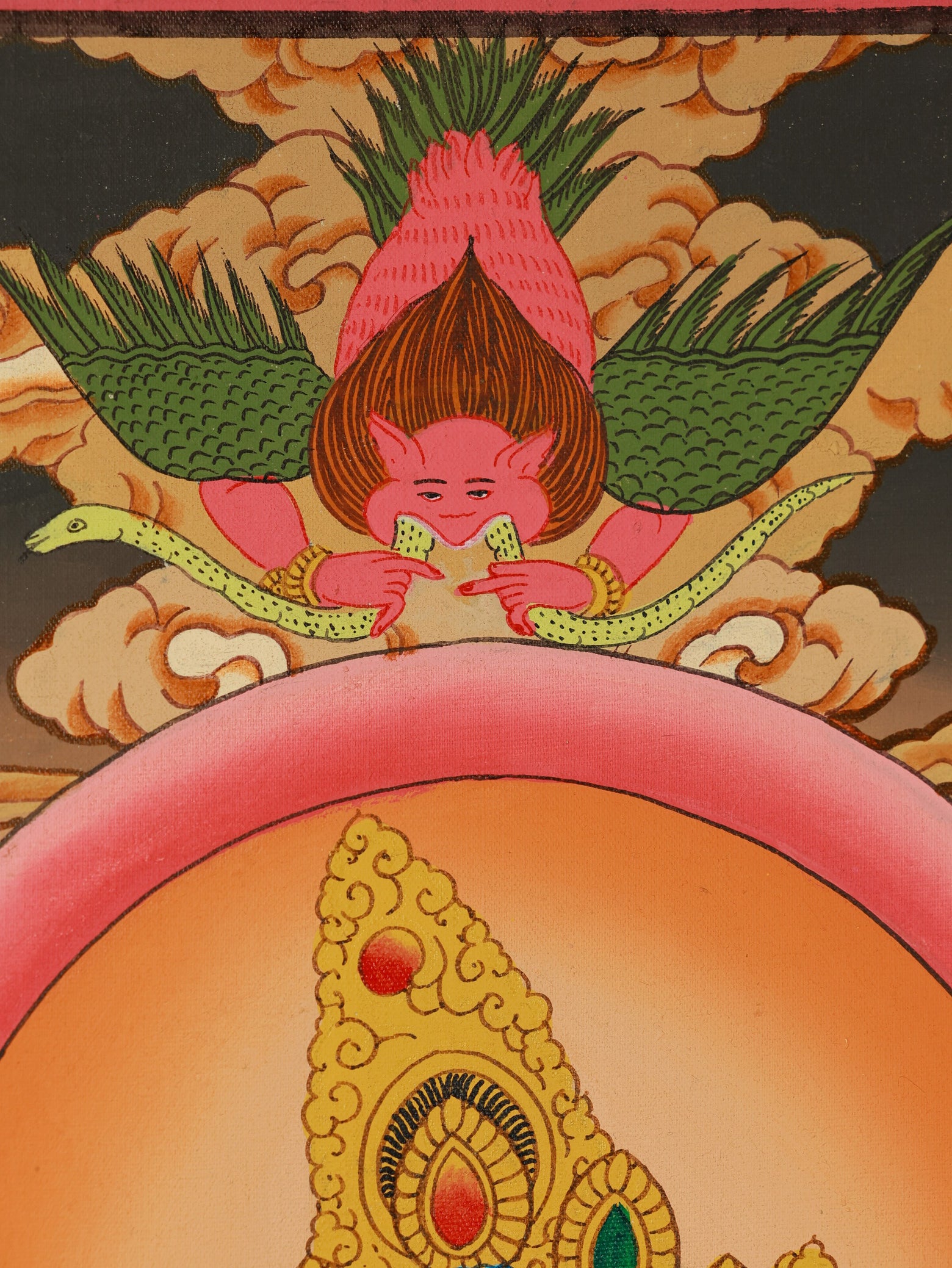 Traditional Tibetan thangka artwork featuring the Five Wealth Gods with Yellow Jambhala at the center, associated with material and spiritual prosperity.