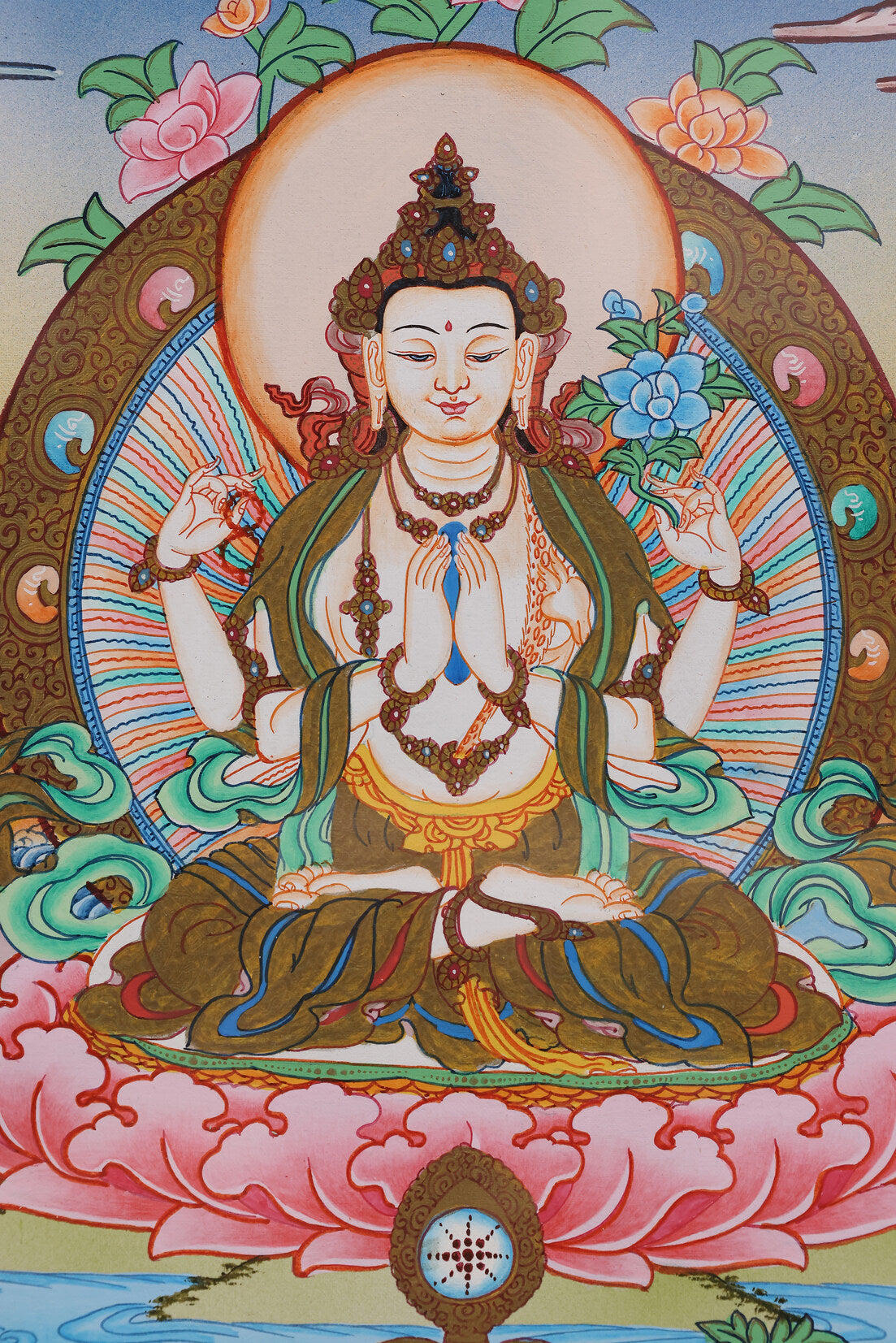 Fine hand-painted Tibetan thangka art of Four-Armed Chenrezig, expressing wisdom, compassion, and inner peace