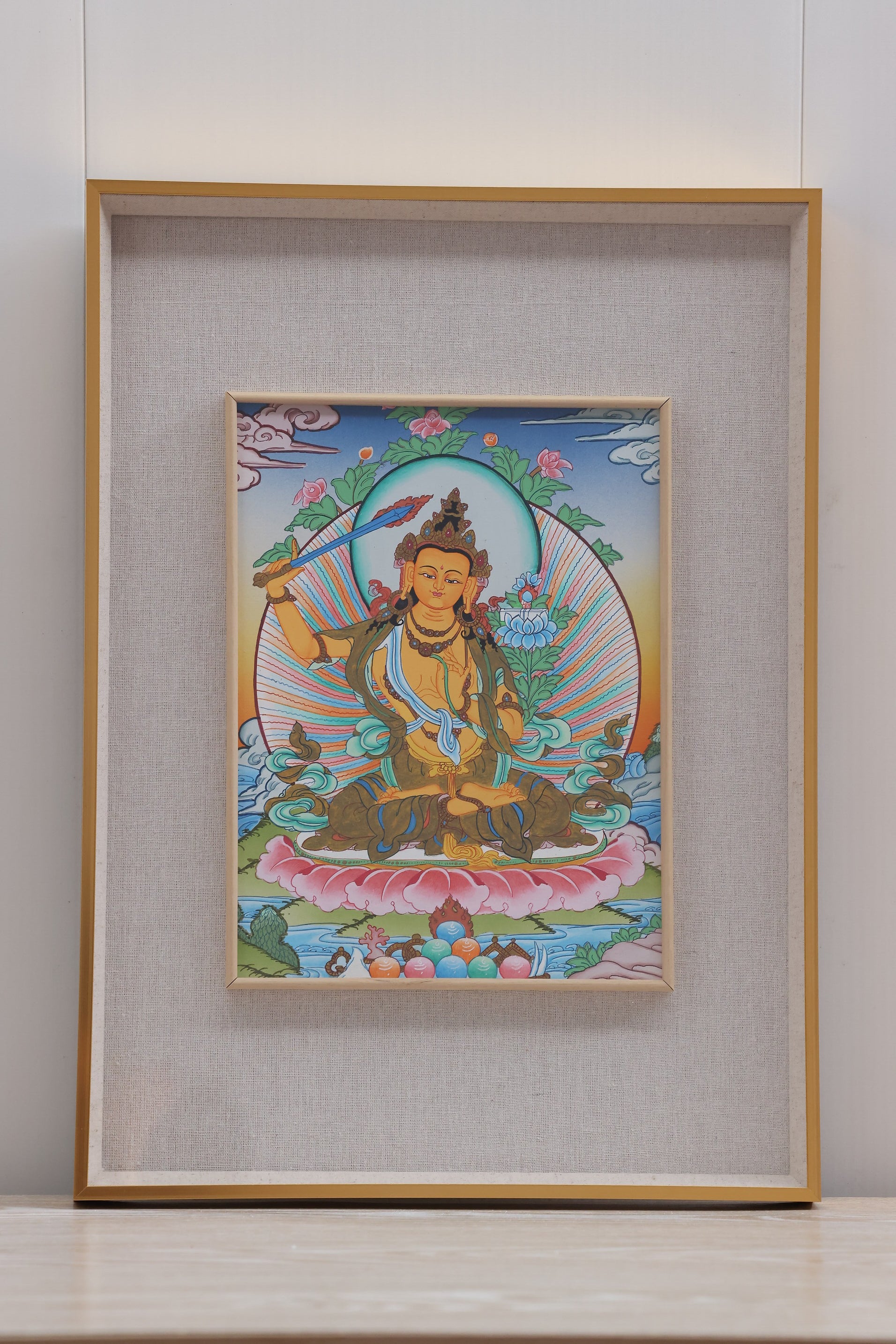 Sacred Tibetan Buddhist artwork illustrating Four-Armed Avalokiteshvara, ideal for altar and spiritual space