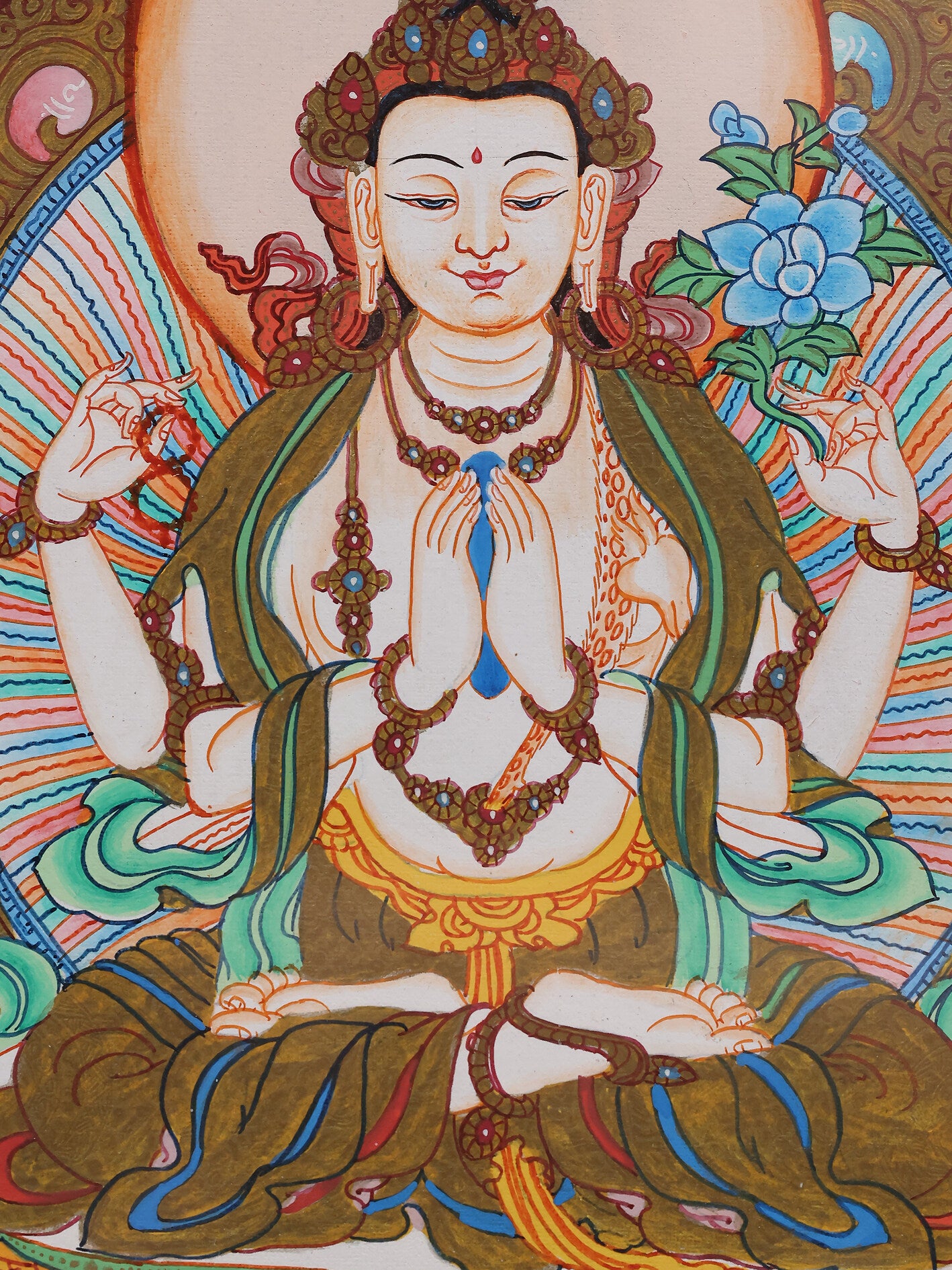 Tibetan Buddhist color thangka portraying Avalokiteshvara with four arms, central deity of compassion practice
