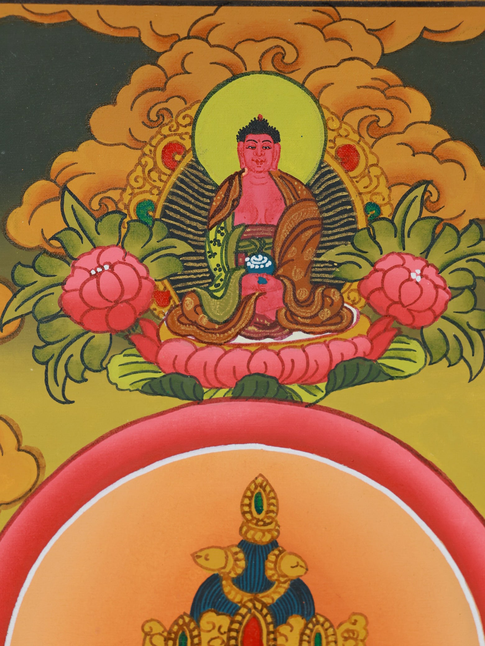 Hand-painted Chenrezig bodhisattva thangka with four arms, symbolizing boundless compassion and skillful means