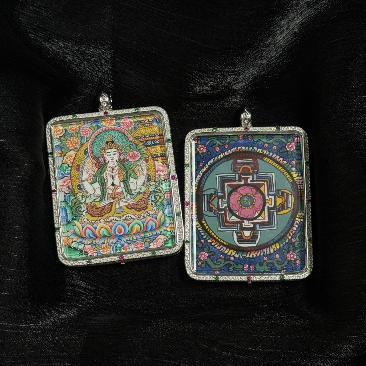  Close-up detail of the Four-Armed Avalokiteshvara with Eight Guardians and Mandala Thangka painting showing intricate natural mineral pigment work, showcasing the masterful artistry of Tibetan lineage painters.
