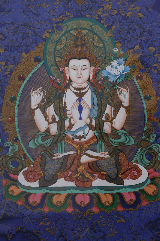 Hand-painted Thangka of Four-Armed Avalokiteshvara, depicting compassion and protection in traditional Tibetan Buddhist art.