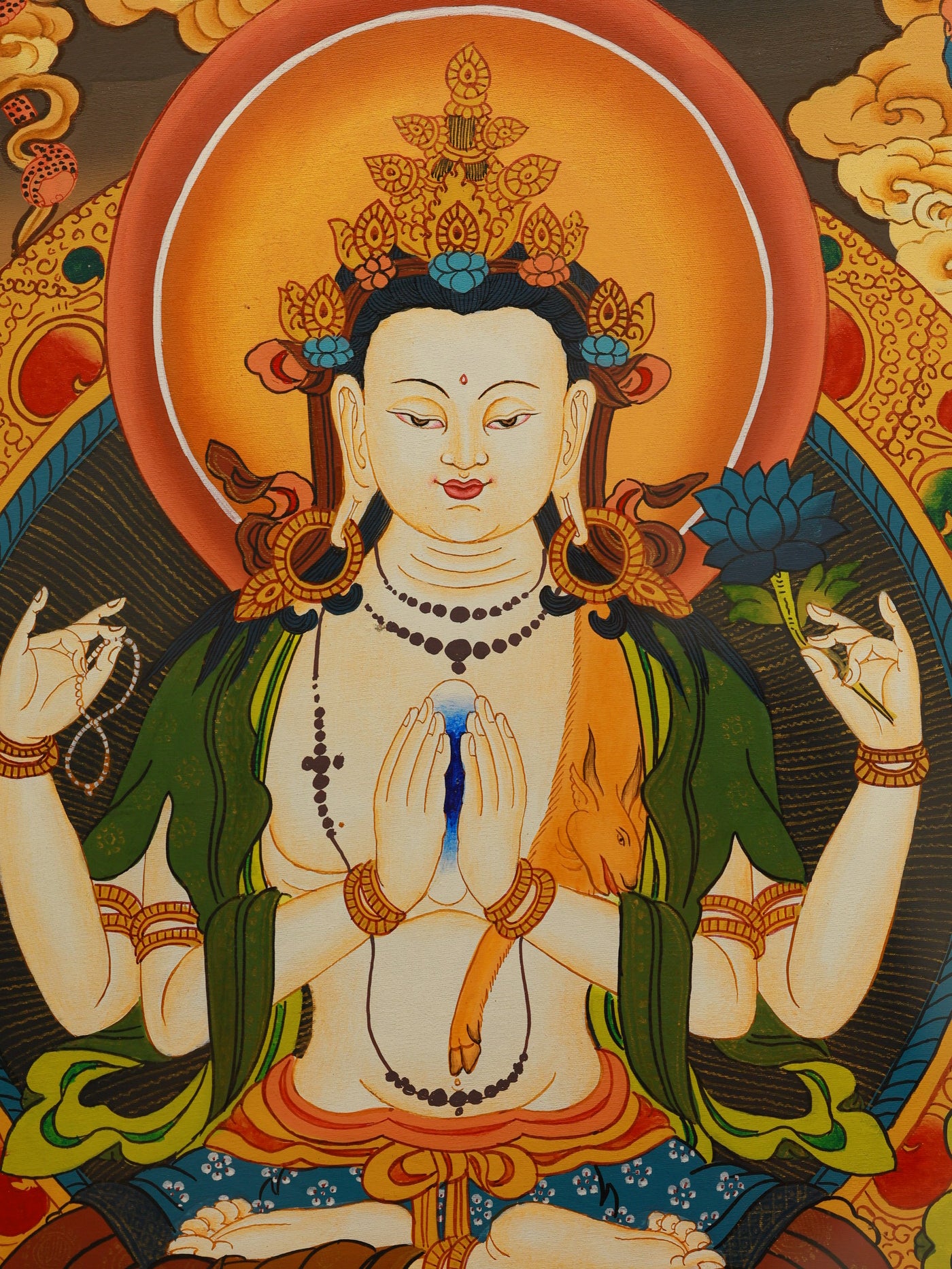 Four-Armed Avalokiteshvara compassion deity depicted in traditional Tibetan thangka art