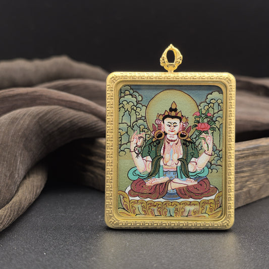  Hand-painted Nepal Four-Armed Avalokiteshvara (四臂观音) Thangka pendant 4x5cm with titanium casing featuring the Bodhisattva of Great Compassion, representing compassion and protection in Buddhist tradition.
