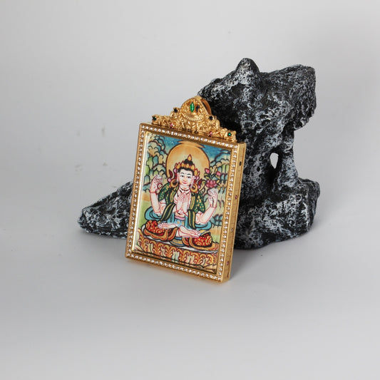  Hand-painted Nepal Elegant Four-Armed Avalokiteshvara Thangka pendant featuring the Bodhisattva of Great Compassion, encased in titanium steel, representing compassion in Tibetan Buddhist tradition.
