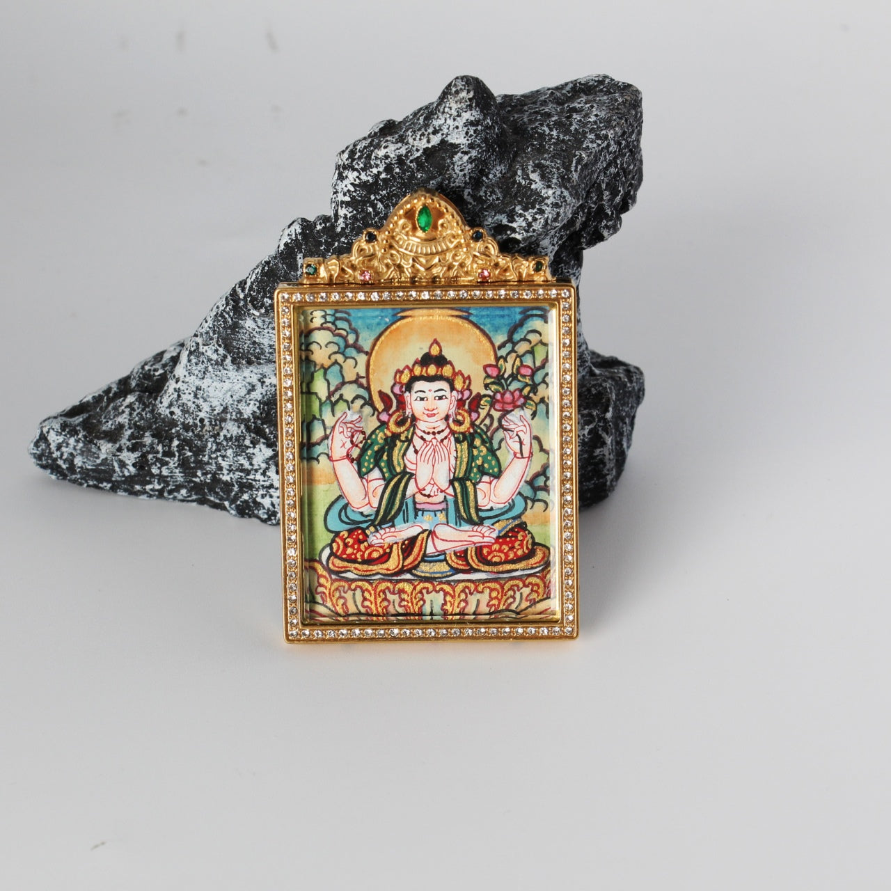  Close-up detail of the Nepal Elegant Four-Armed Avalokiteshvara Thangka painting showing intricate natural mineral pigment work, showcasing the masterful artistry of Nepali lineage painters.
