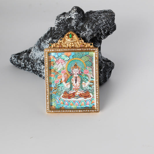 Hand-painted Nepal Premium Four-Armed Avalokiteshvara Thangka pendant featuring the Embodiment of Great Compassion, encased in titanium steel, representing compassion and peace in Tibetan Buddhist tradition.

