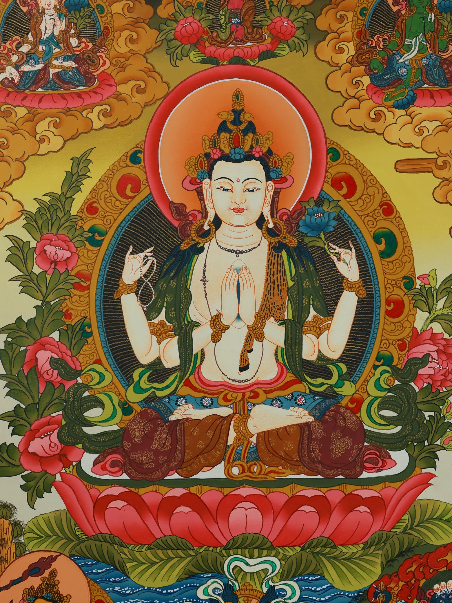 Chenrezig four-armed compassion thangka painting, hand-painted in traditional Tibetan Buddhist style