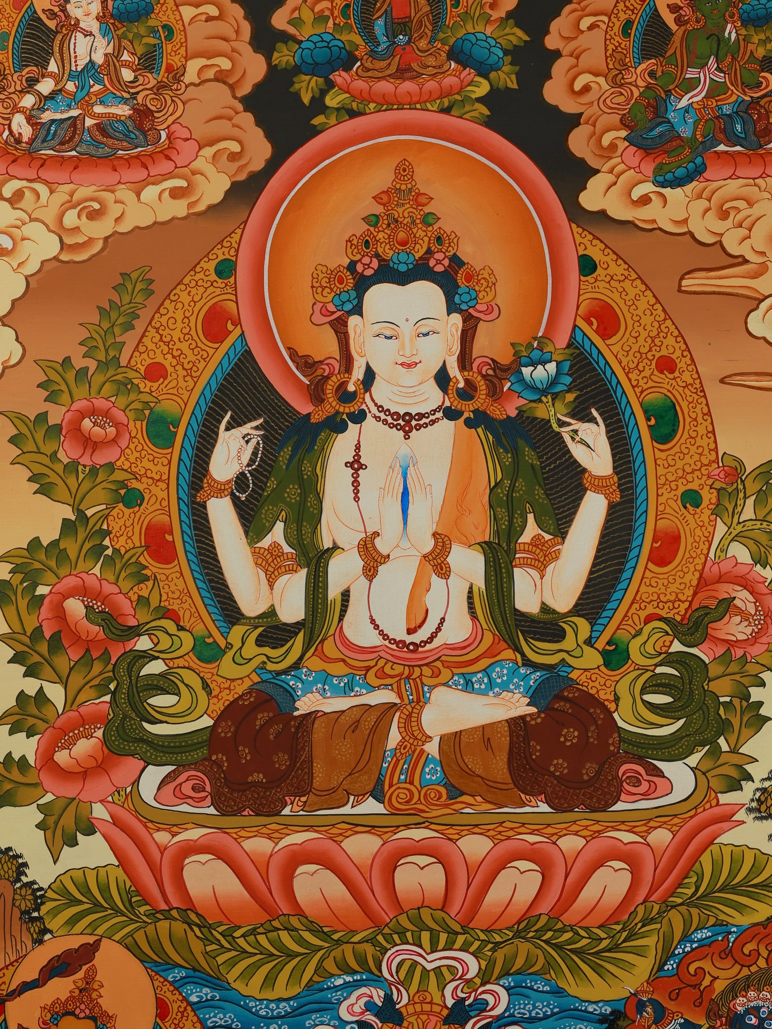 Four-Armed Chenrezig seated on a lotus throne, surrounded by auspicious clouds and sacred symbols.
