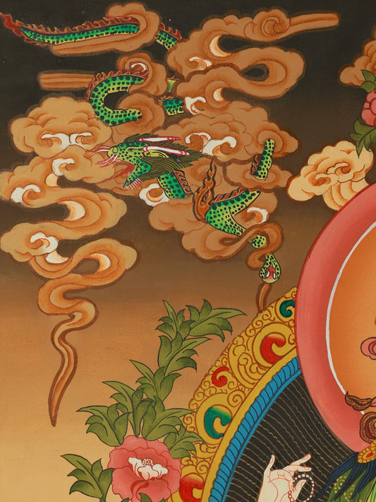 Tibetan Buddhist Four-Armed Avalokiteshvara Thangka, featuring the compassionate bodhisattva surrounded by protective deities.