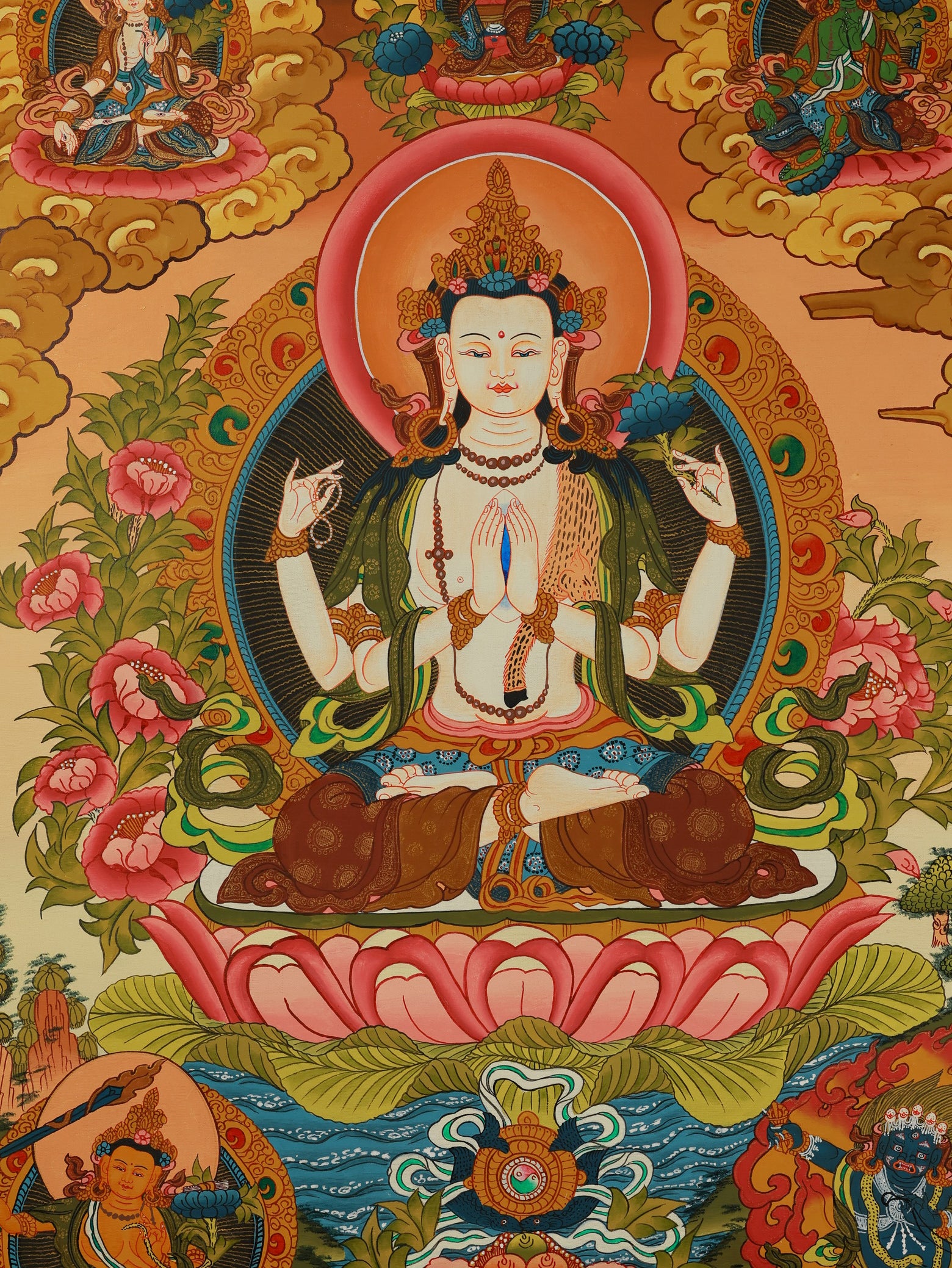 Vivid Tibetan Thangka of four-armed Avalokiteshvara, featuring deity in meditation on lotus moon throne, surrounded by attendants