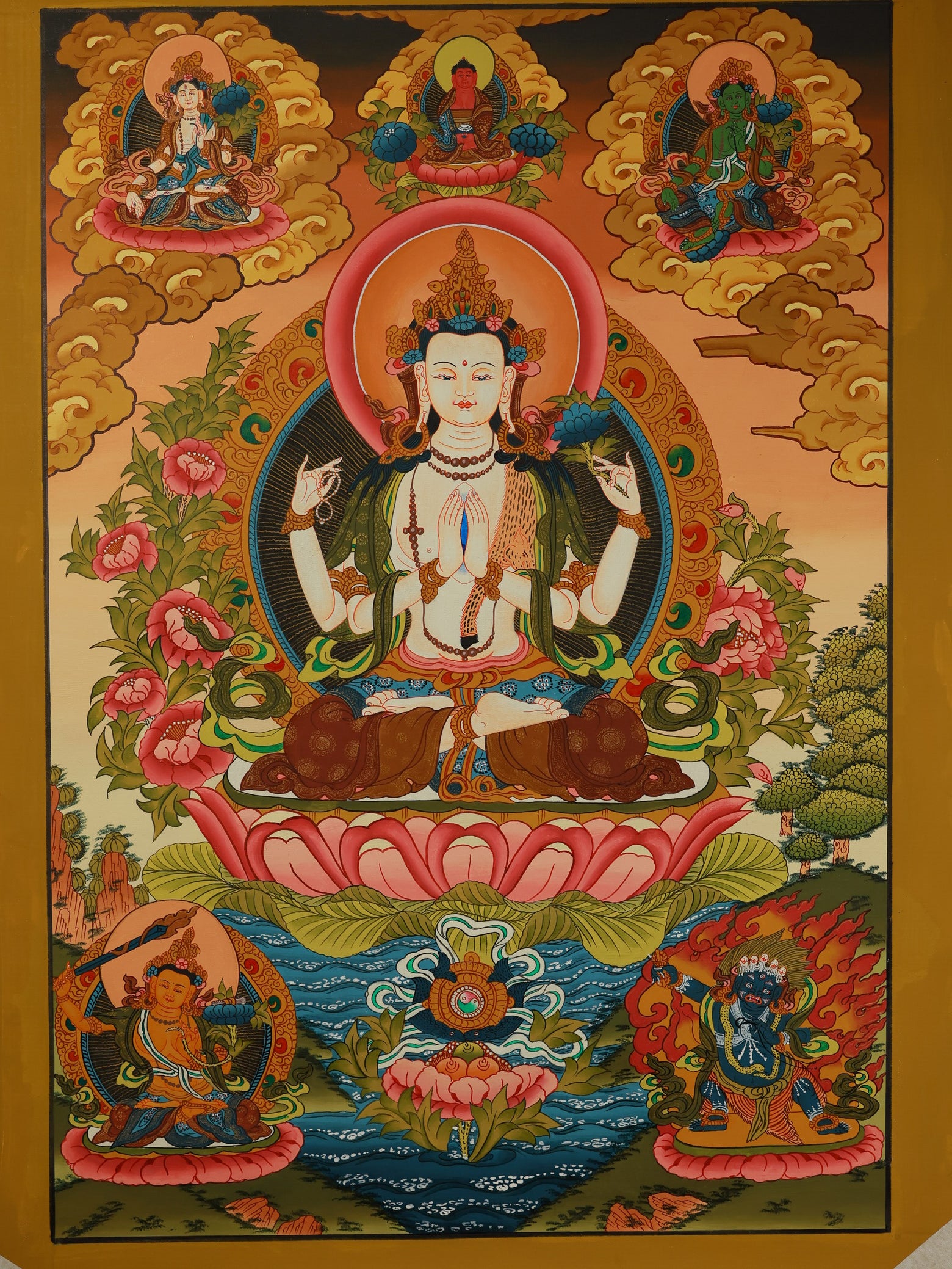 Tibetan Buddhist four-armed Avalokiteshvara Thangka, central deity with compassion and wisdom, hand-painted in traditional art style.