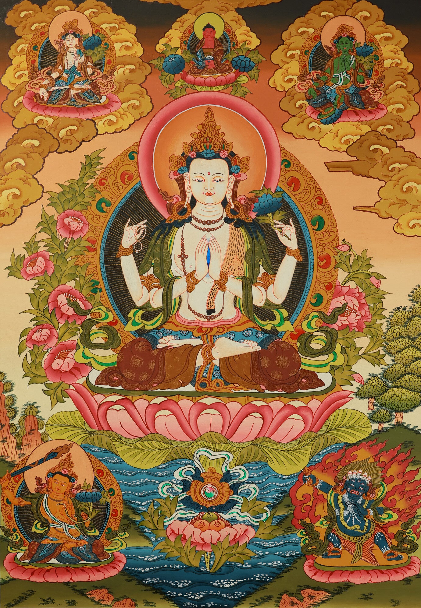 Exquisite Tibetan Thangka of four-armed Avalokiteshvara, showcasing compassion, purity, and traditional Hotong painting techniques.