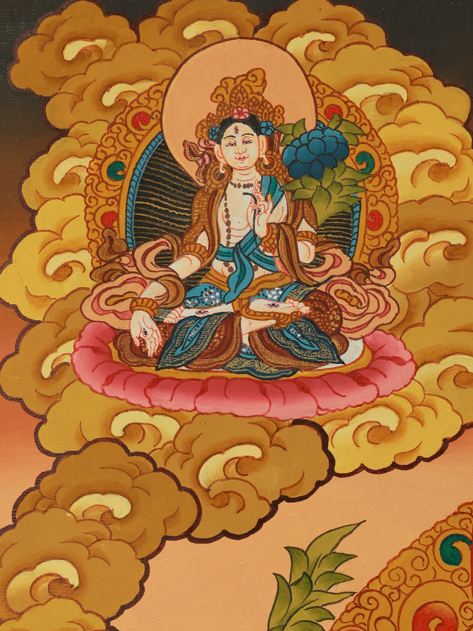 Hand-painted four-armed Avalokiteshvara Thangka with intricate lotus throne and celestial adornments, Tibetan Buddhist art