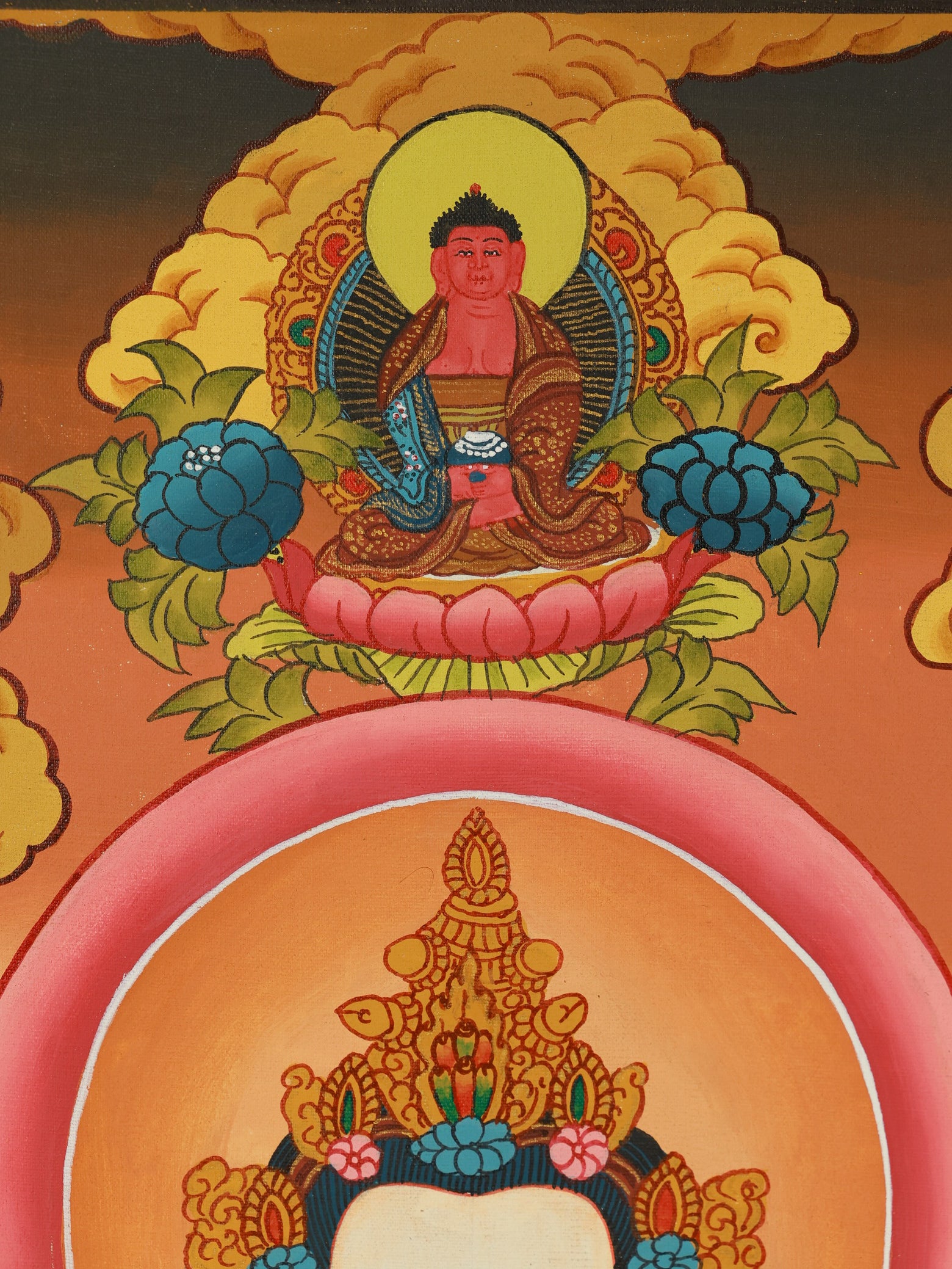 Tibetan Buddhist Thangka depicting four-armed Avalokiteshvara with sacred ritual symbols and detailed spiritual iconography.