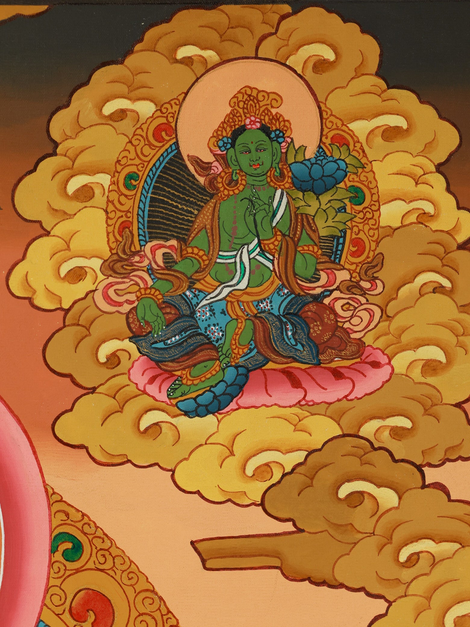 Traditional Hotong Thangka of four-armed Avalokiteshvara, hand-painted with divine attributes and protective deities.